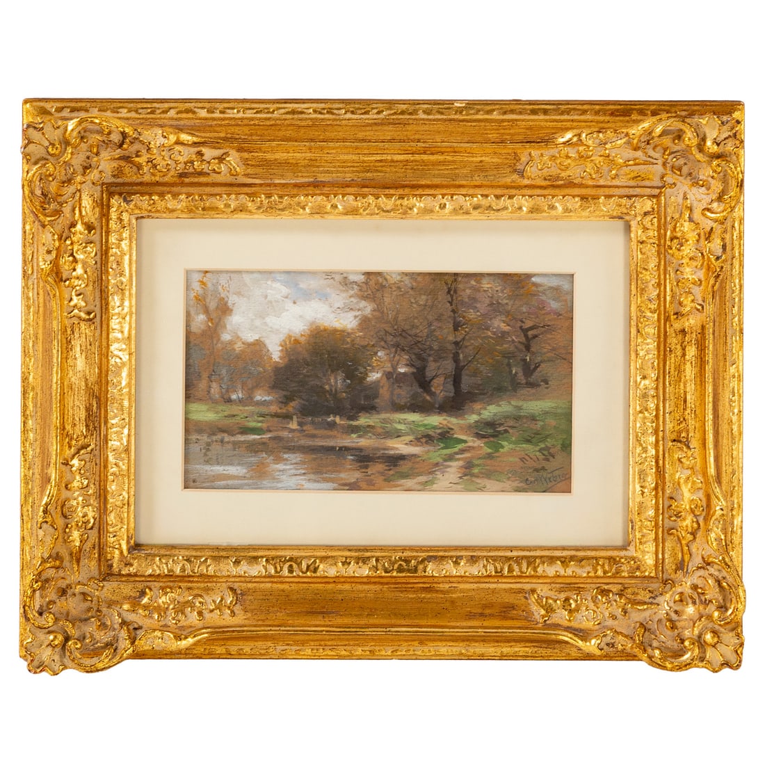 Carl Philip Weber. "House by the Pond," watercolor: (American, 1850-1921) Watercolor on paper, signed lr, presented in a double-sided frame, graphite sketch with artist notes and gallery label affixed on verso, sight size: 4 1/4 x 7 1/4 in., framed