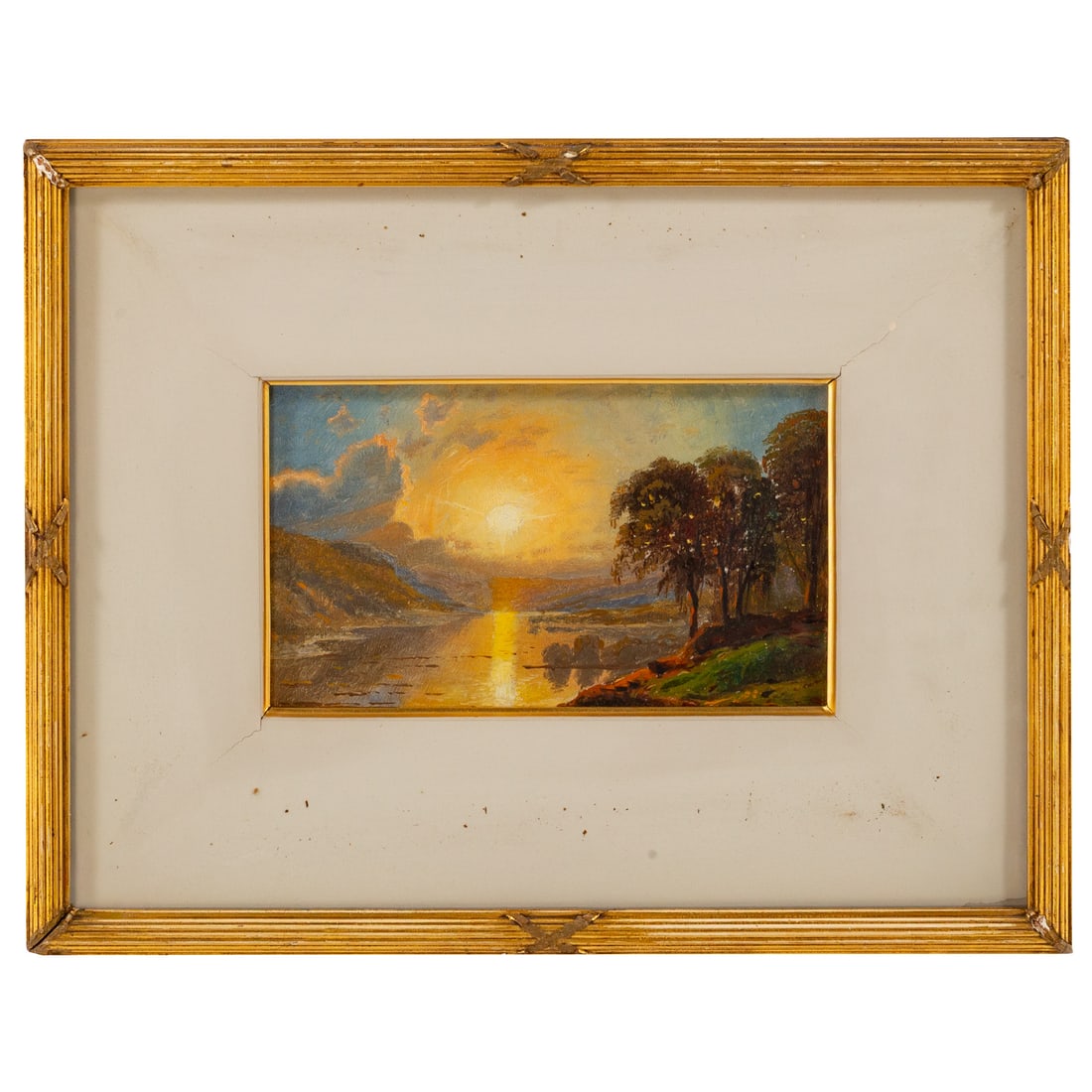 Attributed to John Frederick Kensett. "Sunset Over a River," oil: (Late 19th/early 20th century) Oil on canvas laid down on board, unsigned, with additional information and attribution attached on verso, sight size: 5 1/2 x 9 in., framed size: 13 x 17 in. Provenance