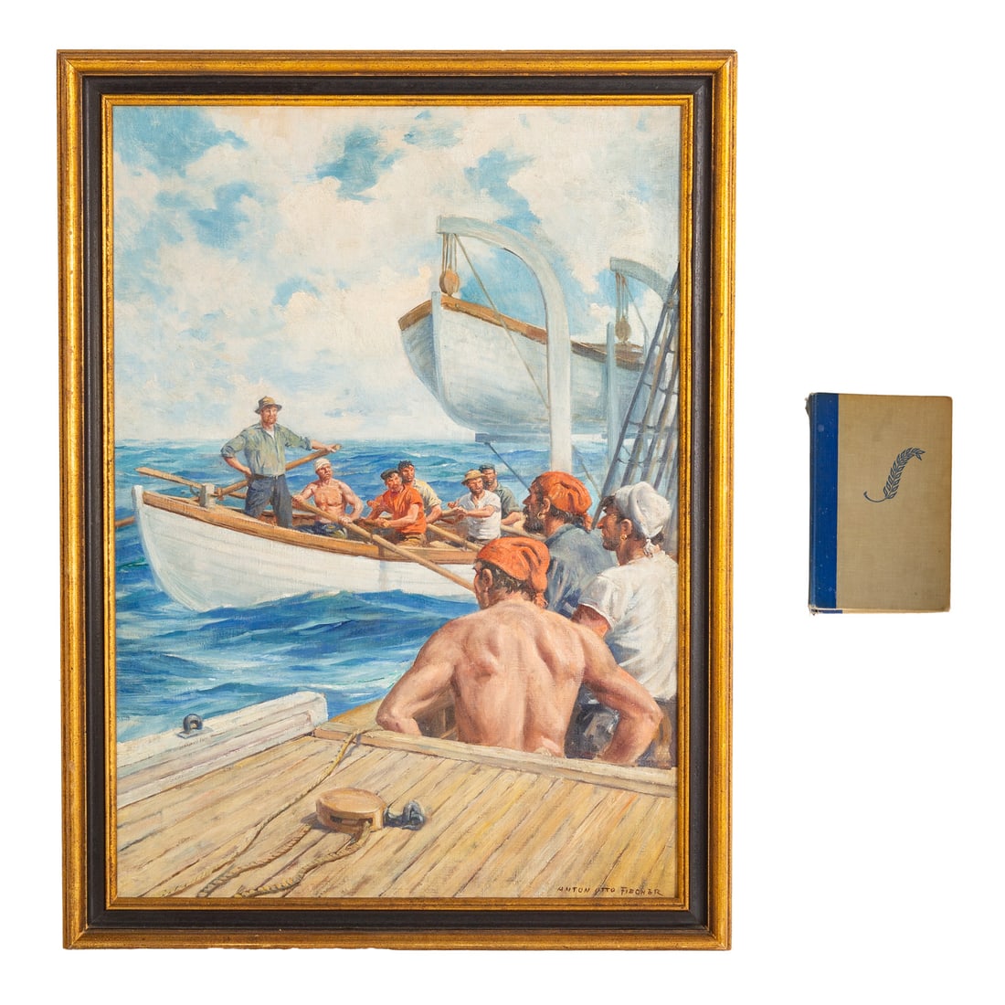 Anton Otto Fischer. "Sailors Preparing for Whale Hunt," oil: (American, 1882-1962) Oil on canvas, signed lr, canvas size: 28 x 20 in., framed size: 31 1/2 x 23 1/2 in.; together with MOBY DICK, by Herman Melville, illustrated by Anton Otto Fischer (Literary Gui