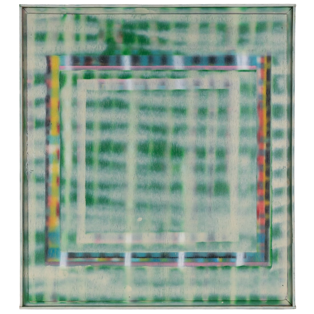 Tom Scott. "Untitled (Green)," spray enamel: (American, 1928-2013) Spray enamel on wood panel, unsigned, exhibition label and inventory tag on verso, 27 x 24 1/4 in., unframed Provenance: From the Estate of the Artist and Maryland Institute Coll