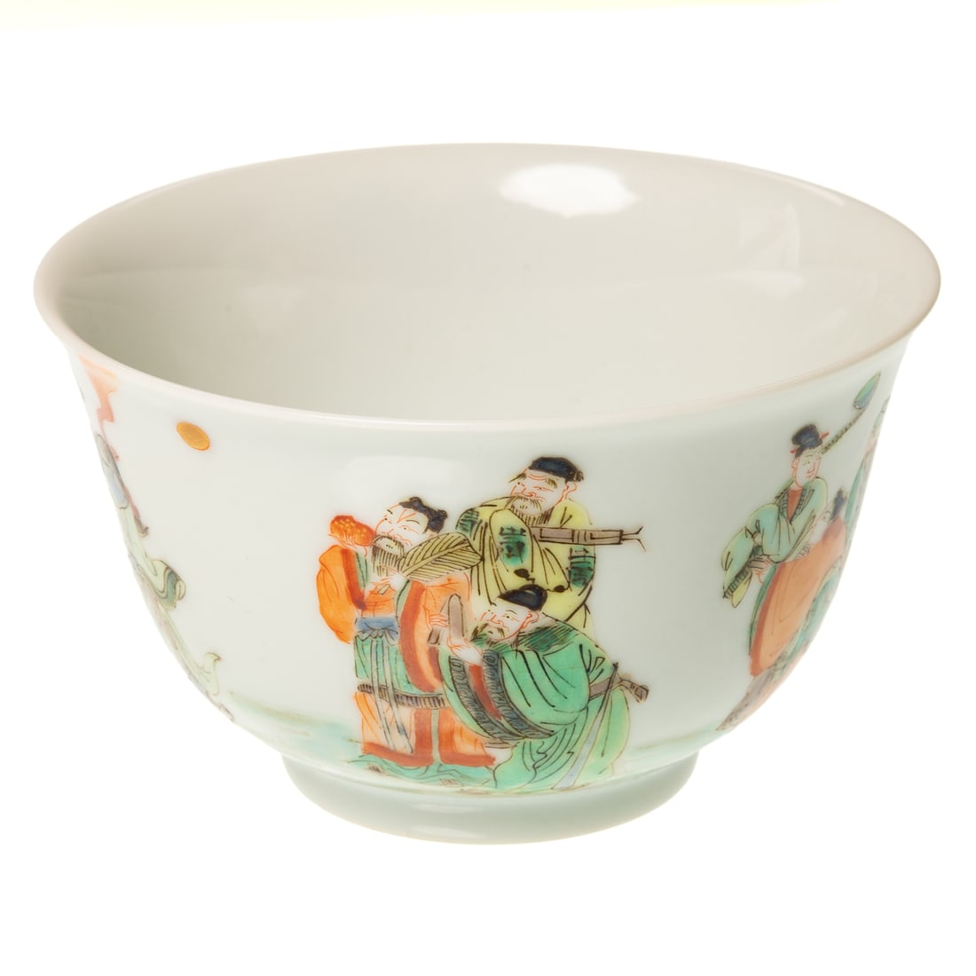 A Chinese Porcelain Famille Verte Cup: A porcelain Chinese Famille verte cup depicting figures in a landscape, with underglaze blue six-character Kangxi within a double circle, includes box, 2 1/4 in. H, 3 3/4 in. Diam.