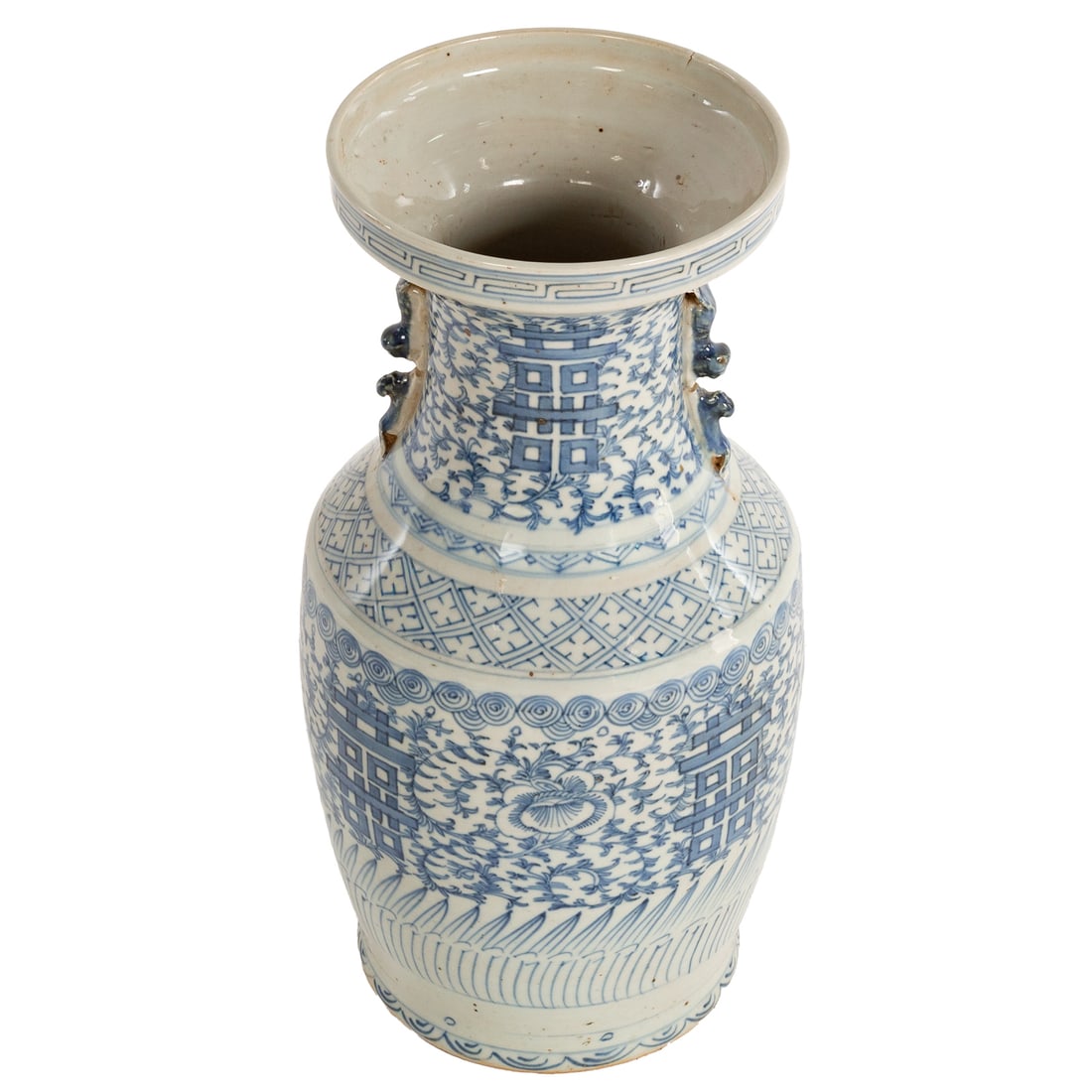 A Chinese Blue & White "Double Happiness" Vase: Late 19th century, a blue and white Chinese porcelain vase with "Double Happiness" motif with foo dog handles, includes box, approx. 17 in. H, 8 3/4 in. Diam.