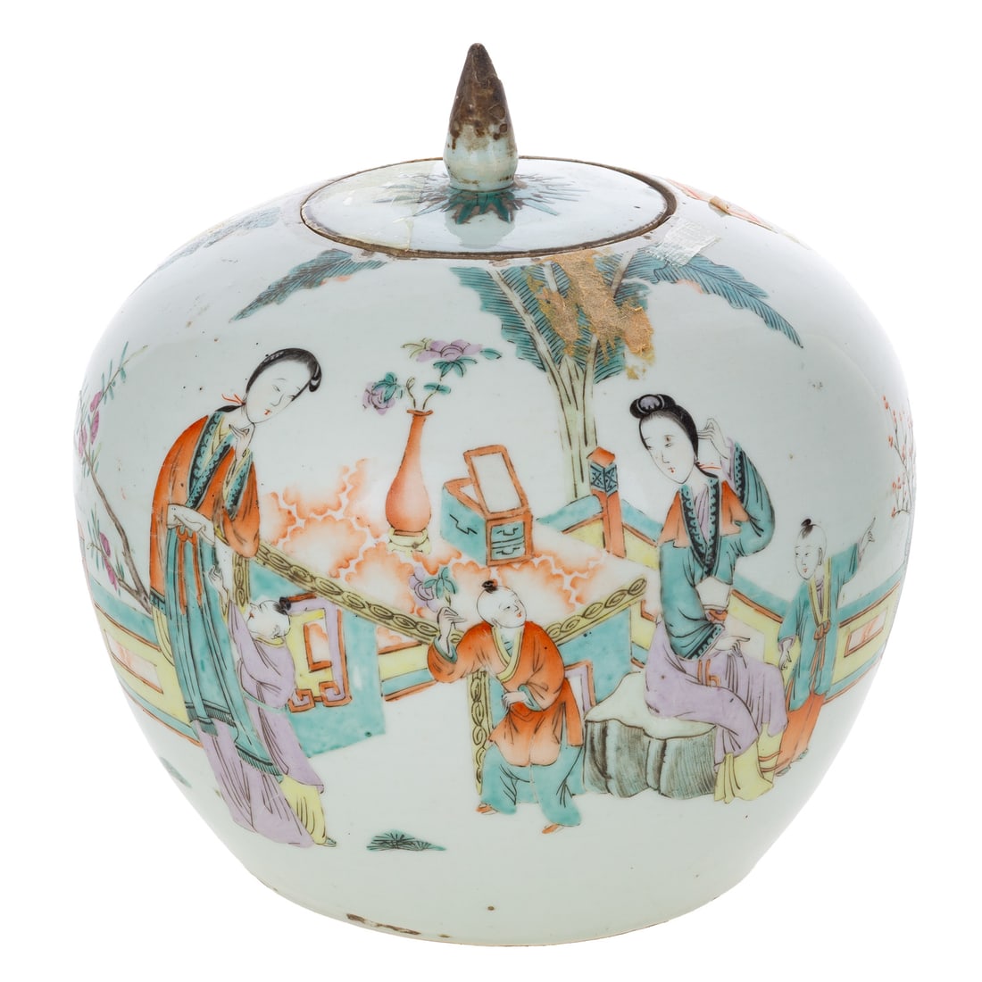 A Chinese Famille Rose Lidded Jar: Late 19th/early 20th century, a Chinese Famille Rose porcelain lidded jar depicting women and children in outdoor court scene, unmarked, 9 in. H, approx. 8 3/4 in. Diam.