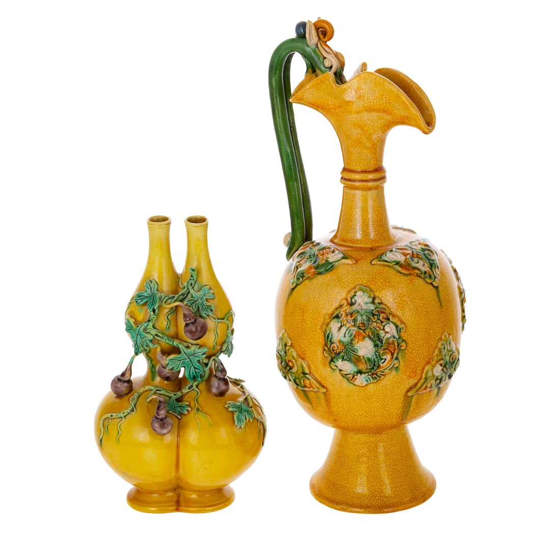 A Chinese Porcelain Double Gourd Vase & Glazed Ewer: A yellow Chinese porcelain double gourd vase with raised green vine and miniature gourd details, with a Qianlong marked on bottom, includes box, 8 in. H, 4 3/4 in. W, approx. 3 1/2 in. D; and a