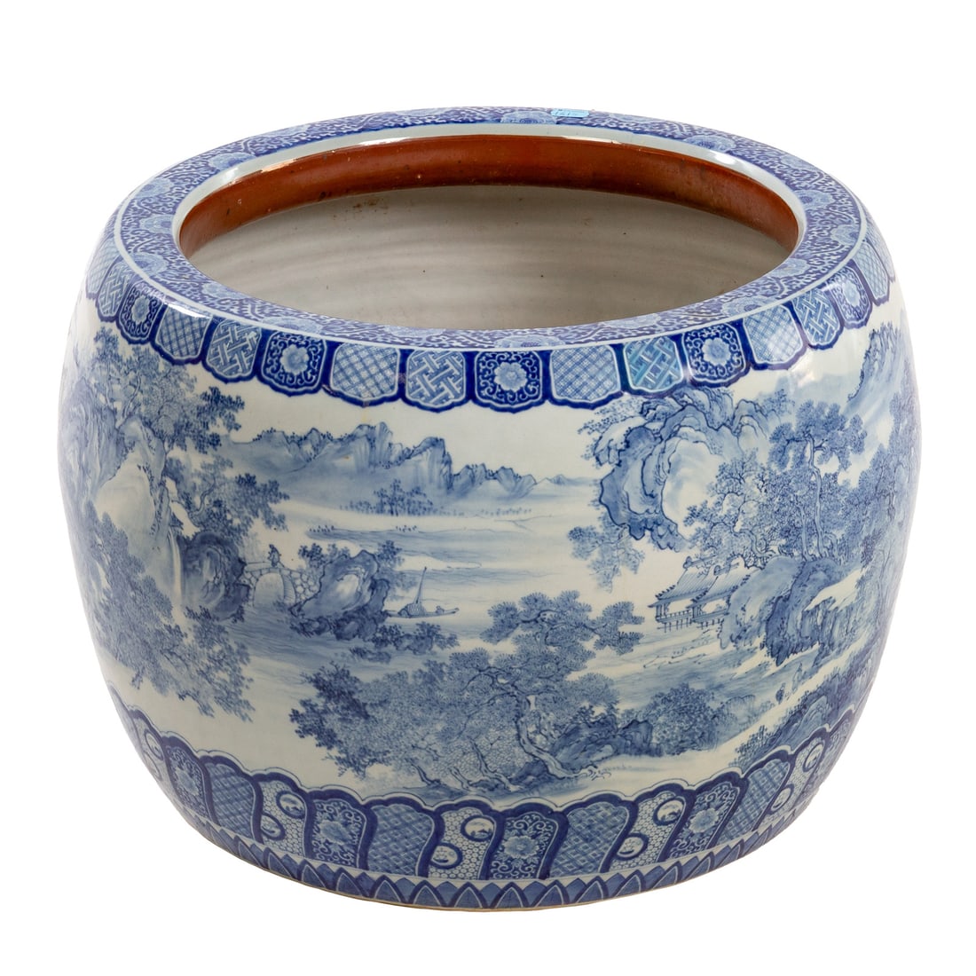 A Japanese Arita Porcelain Hibachi: 19th century, a blue and white porcelain Japanese Arita hibachi, 15 1/2 in. H, approx. 21 1/4 in. Diam.