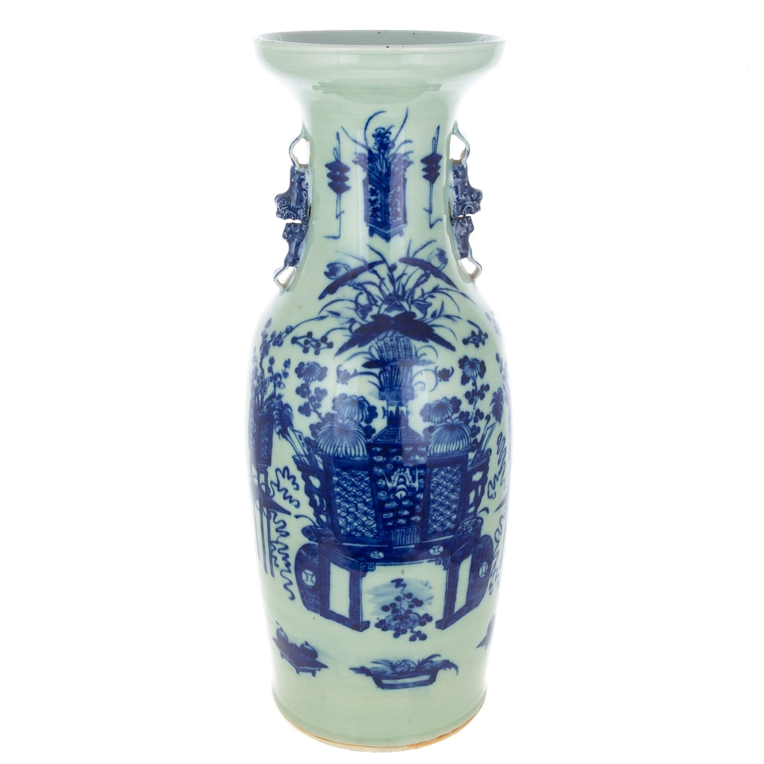 A Chinese Blue & White Porcelain Baluster Vase: 19th century, a blue and white on celadon ground Chinese porcelain baluster vase with foo dog handles, depicting Bogu motif, unmarked, 22 3/4 in. H, approx. 8 1/4 in. Diam.