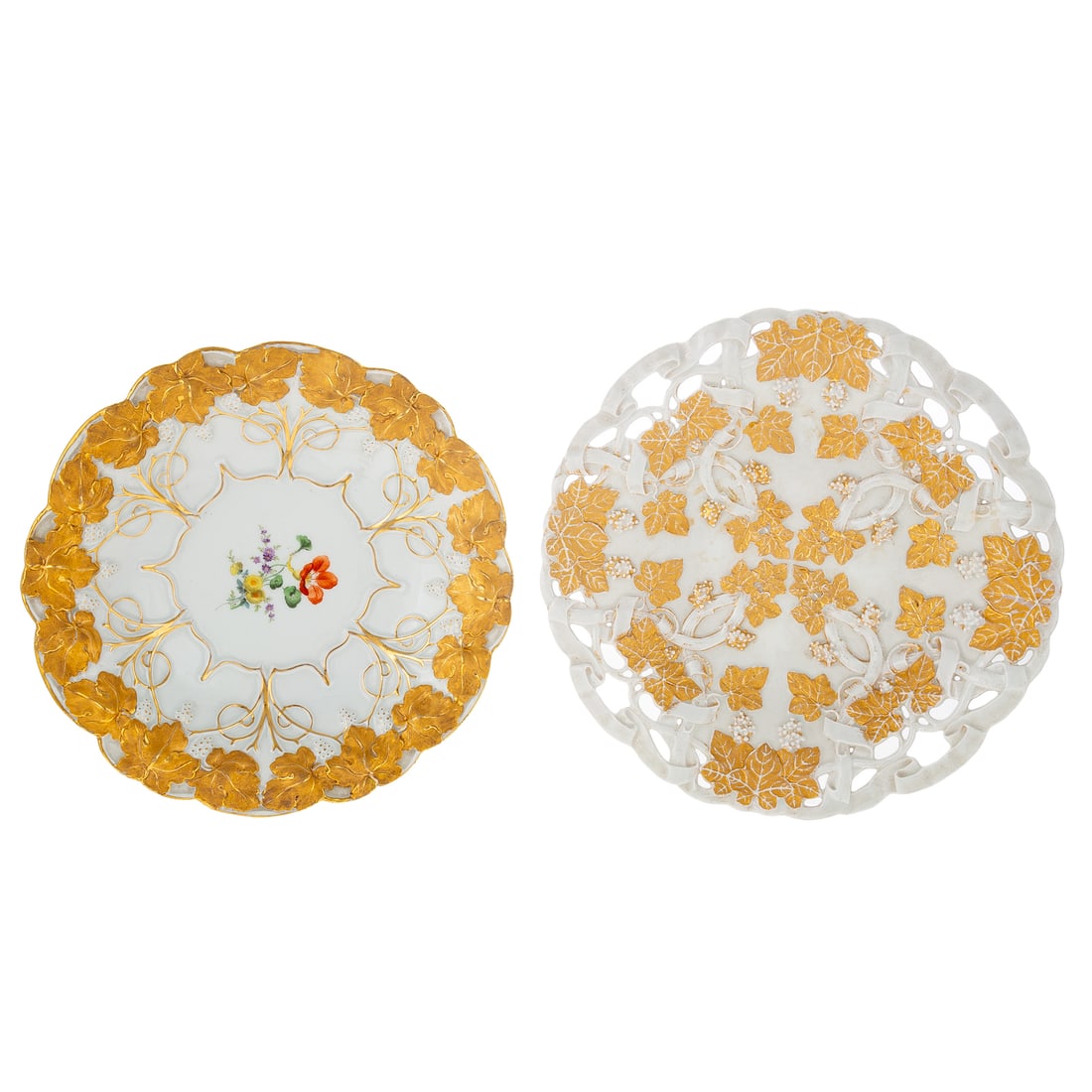 Two Early Meissen Porcelain Bowls: Includes an early (likely 1774-1814) Meissen porcelain bowl with raised relief grape vine decoration and gilt accents with reticulated rim, with blue crossed sword mark on bottom, 1 3/4 in. H, 11 in. 