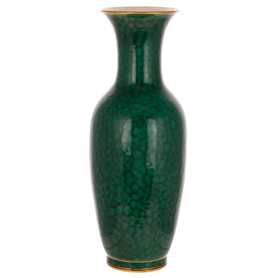 A French Sevres Porcelain Vase: A green Sevres vase with gilt accents and rim, marked "Dore A Sevres" "S82" on bottom, 11 in. H, approx. 4 1/4 in. Diam.