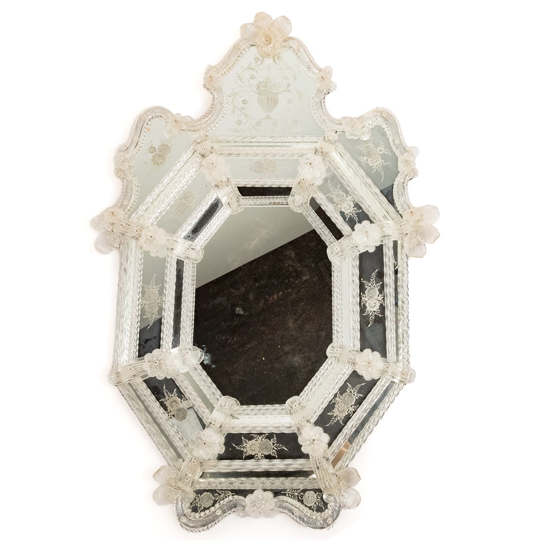 A Venetian Murano Glass Mirror: A Venetian Murano glass mirror, framed in etched glass and edged with clear Murano glass flowers and leaves, unmarked, approx. 51 x 34 in.