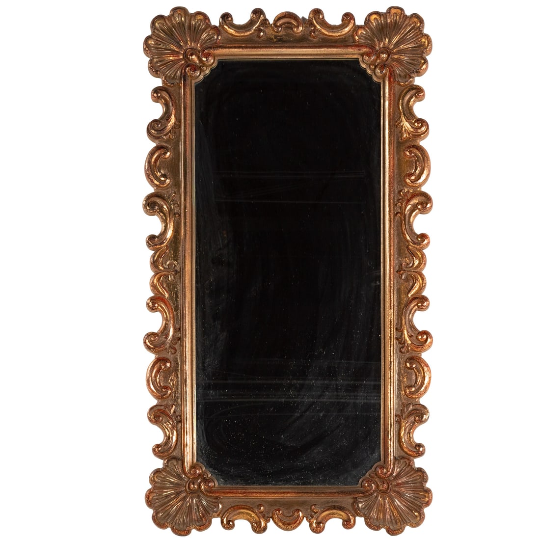 A Rococo Style Mirror: (American, 1930-1975) A faux gilt framed Rococo style mirror by Turner MFG. Co. with shell motif and scrollwork, information affixed to back, 48 1/2 x 26 1/2 in.