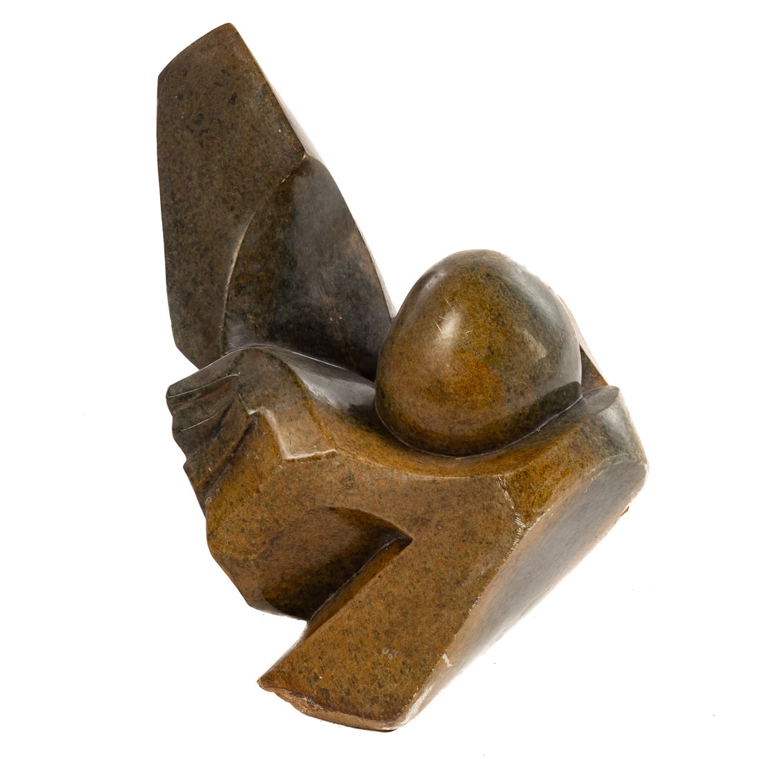 A Shona Abstract Stone Sculpture: (Zimbabwean) A carved stone abstract sculpture, signed on side "Justice Novo," 15 1/4 in. H, approx. 12 1/4 in. W, approx. 10 in. D