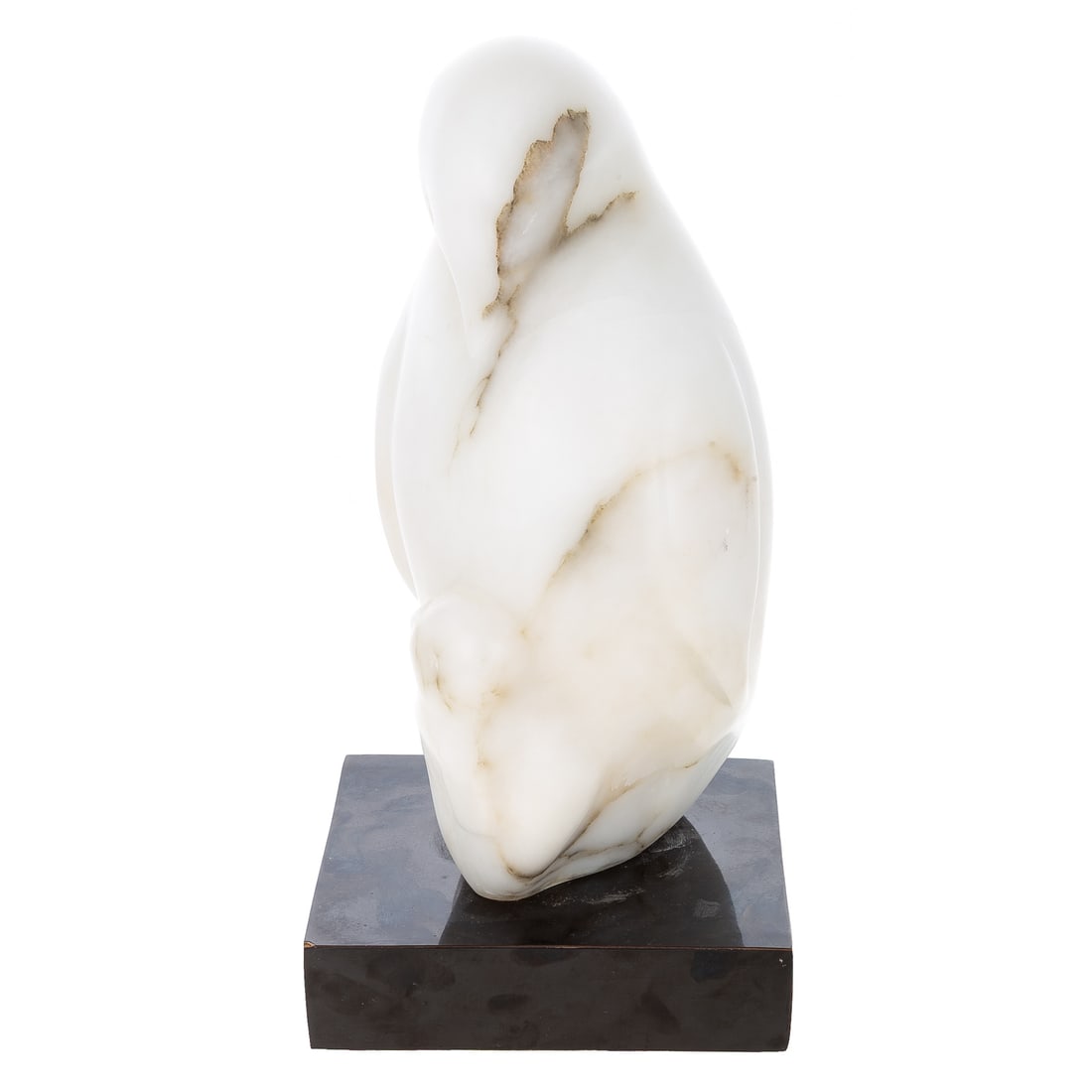 A Marble Sculpture of Penguin & Baby: A carved white marble sculpture of a mother and baby penguin on wooden base, signed on bottom of base "made by Nearguy Hobelmann," 14 1/2 in. H, 6 1/2 in. Sq.