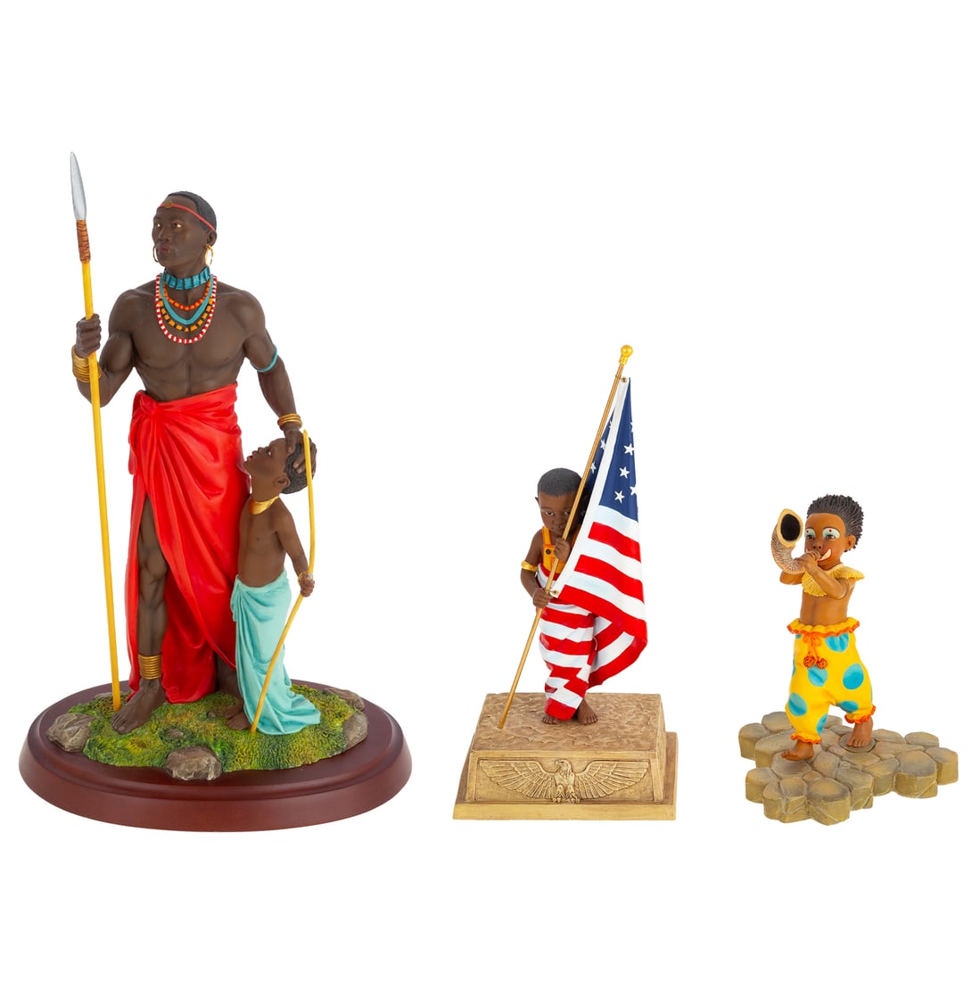 Three Thomas Blackshear's Ebony Visions Figures: Including a hand cast resin Thomas Blackshear's "Rudy Toot" depicting a young boy using a ram's horn, stamped, 2000 event-exclusive limited edition, includes original box, 5 3/4 in. H, 4 1/2 in. W, 4