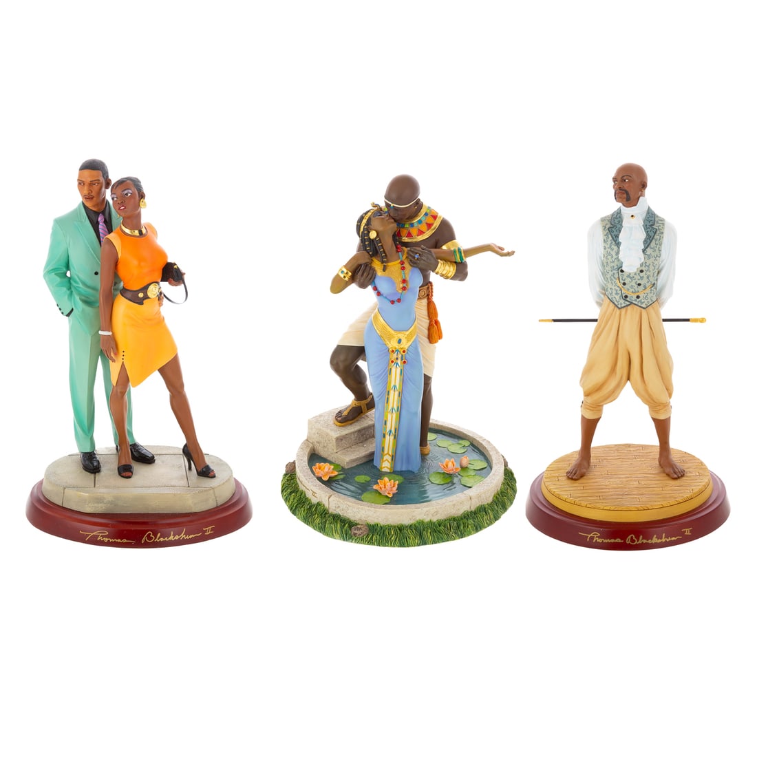 Three Thomas Blackshear's Ebony Visions by Lenox: Including a hand cast resin Thomas Blackshear's "The Dude" depicting a man standing holding a cane behind his back, artist proof ed. 6/50, signed and stamped, includes original box and COA, 13 1/4
