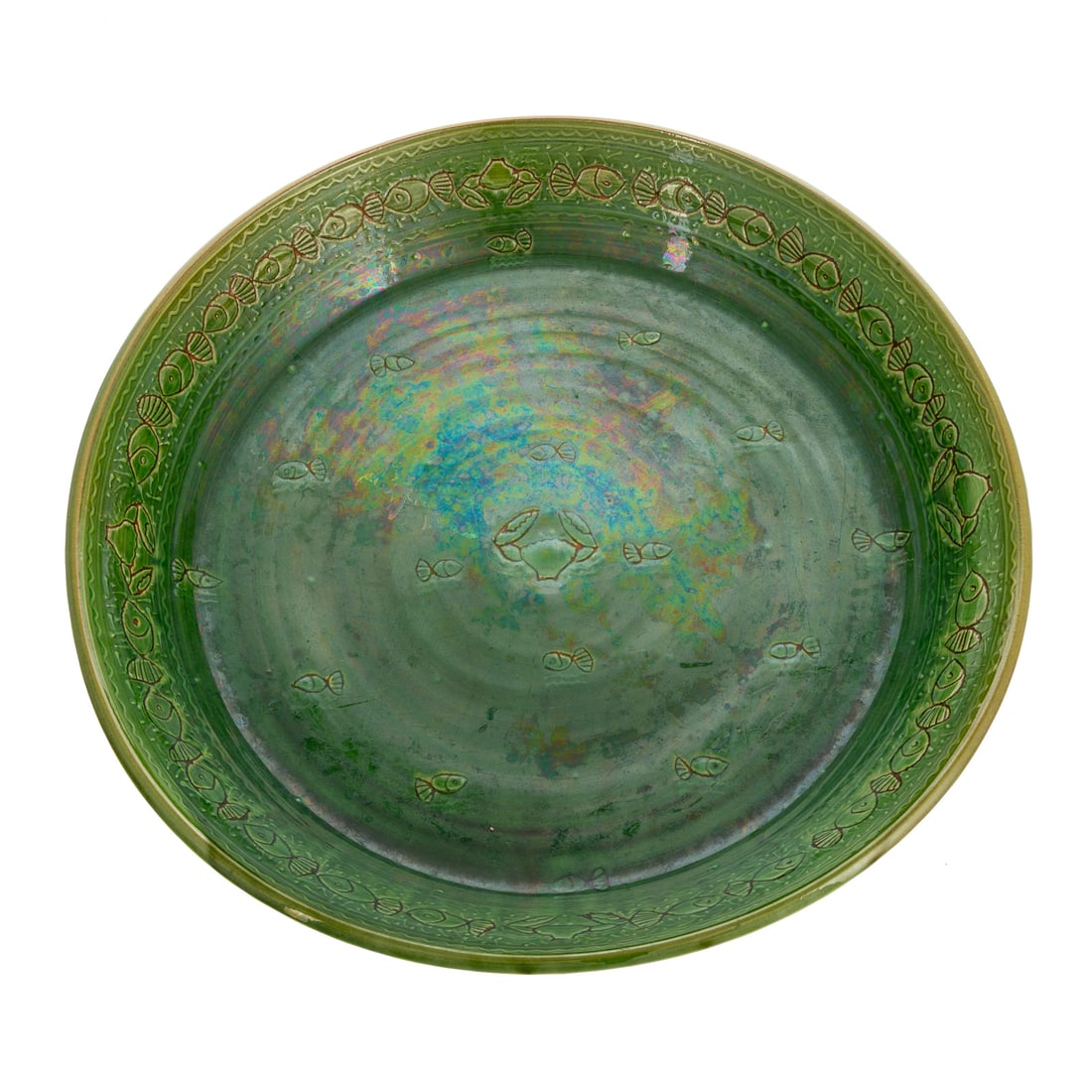 A Glazed Crab & Fish Art Pottery Platter: A green and brown glazed art pottery platter with crab and fish motifs, marked on bottom, approx. 2 1/2 in. H, 15 3/4 in. Diam.