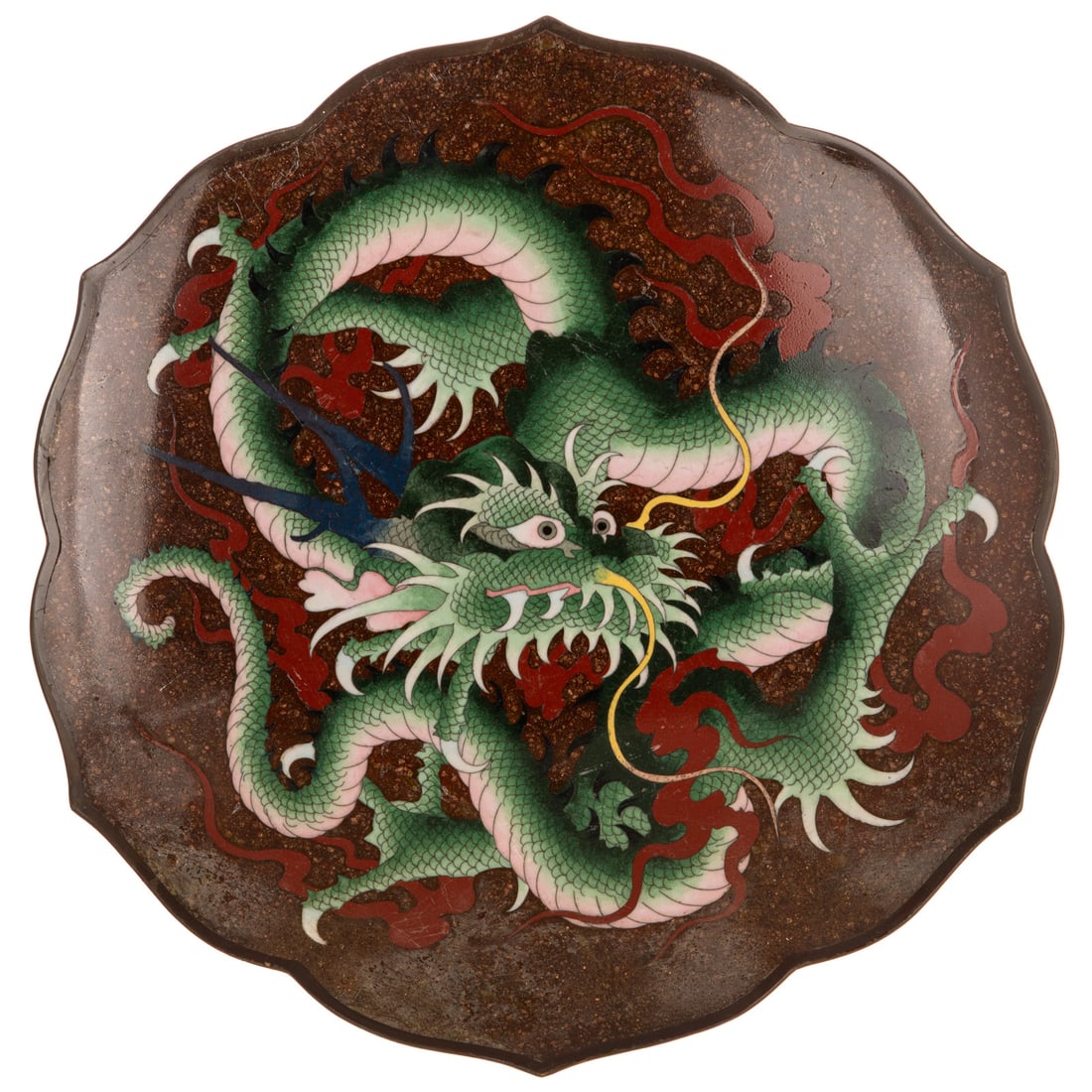 A Japanese Meiji Cloisonne Enamel Charger: 20th century, a Japanese cloisonne enamel goldstone ground charger with central dragon surrounded by flame motif, scaled on underside, and foliate edges, 1 3/4 in. H, approx. 14 1/2 in. Diam.