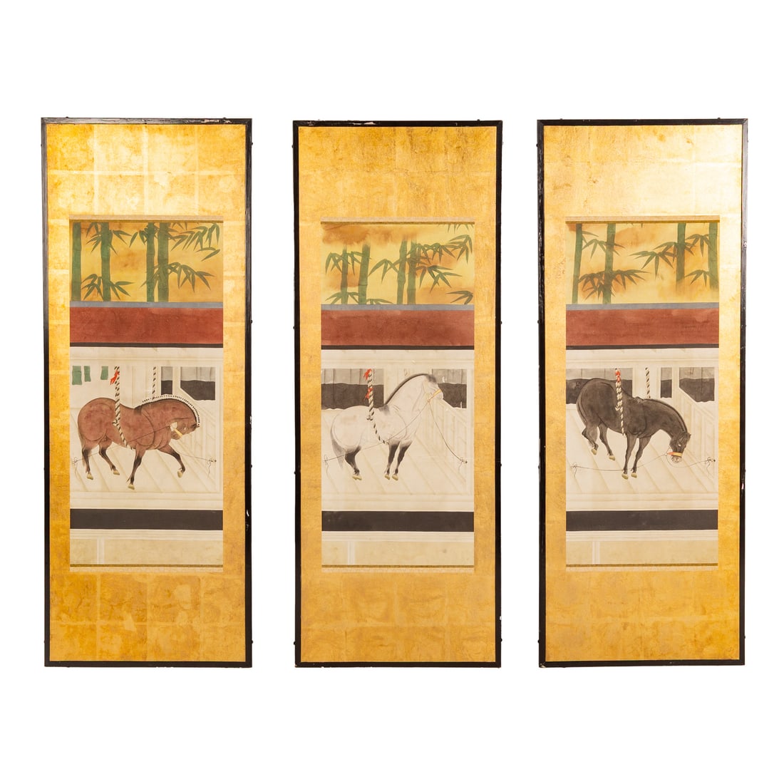 Three Japanese Panels: Three separate panels of a Japanese screen on gilt fabric in ebonized lacquer frame, depicting horses in a stable with bamboo in the background, 55 1/4 x 21 1/4 in.