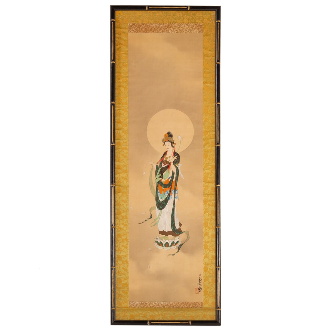 A Japanese Hanging Scroll: A Japanese painted scroll depicting a Bodhisattva standing on a lotus flower while holding one and dropping the peddles, with hanko and calligraphy at bottom right, in bamboo form frame, includes