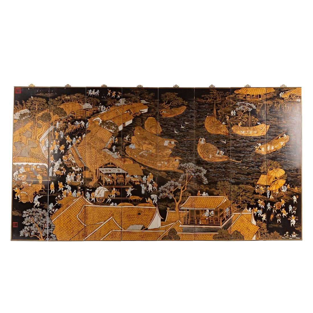 Eight Chinese Lacquer Panels: Eight lacquer on wood panels, each panel has been separated with hanging hardware on the back, depicting scenes of village life in and out of the water, each panel: 51 1/4 in. H, 52 in. H including th