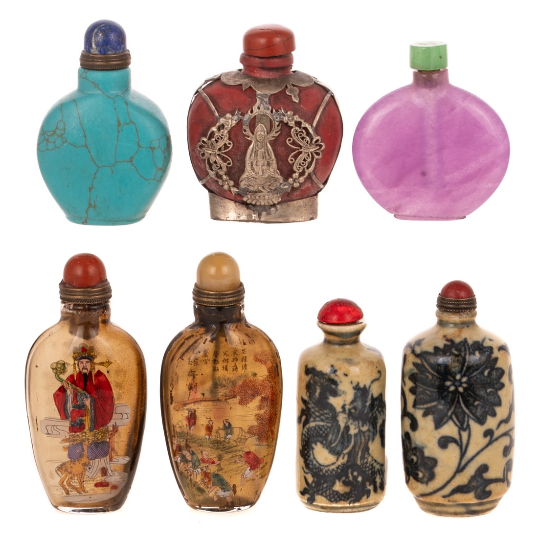 Seven Chinese Snuff Bottles: Includes a blue and white porcelain snuff bottle with dragon and flaming pearl motifs, 2 3/4 in. H; a blue and white porcelain snuff bottle with floral motif, 3 in. H; a stone snuff bottle, approx. 2