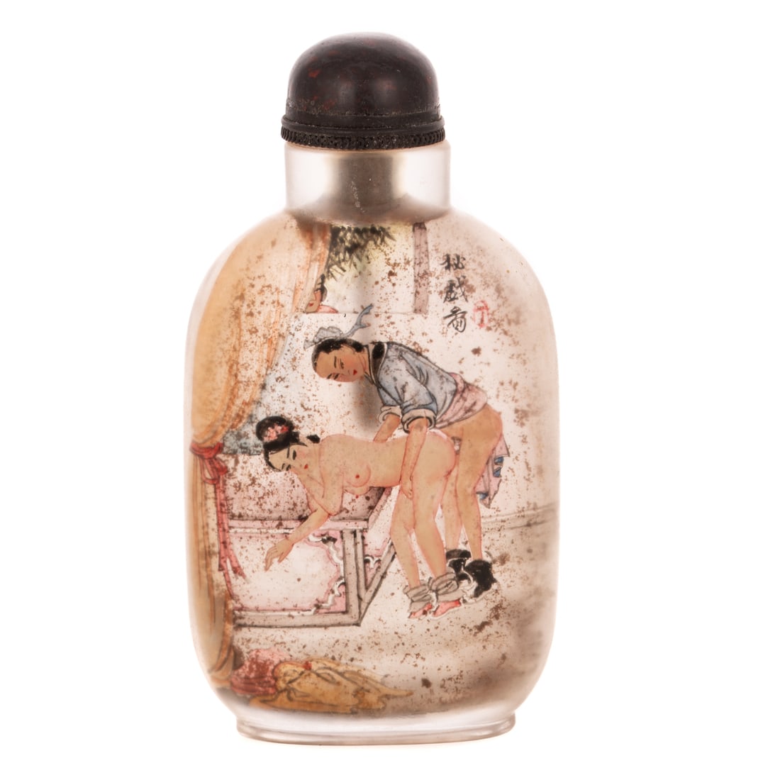 Chinese Reverse Painted Glass Erotic Snuff Bottle: A glass reverse painted Chinese erotic snuff bottle with a sardonyx stopper, includes box, 4 in. H, 2 1/4 in. W