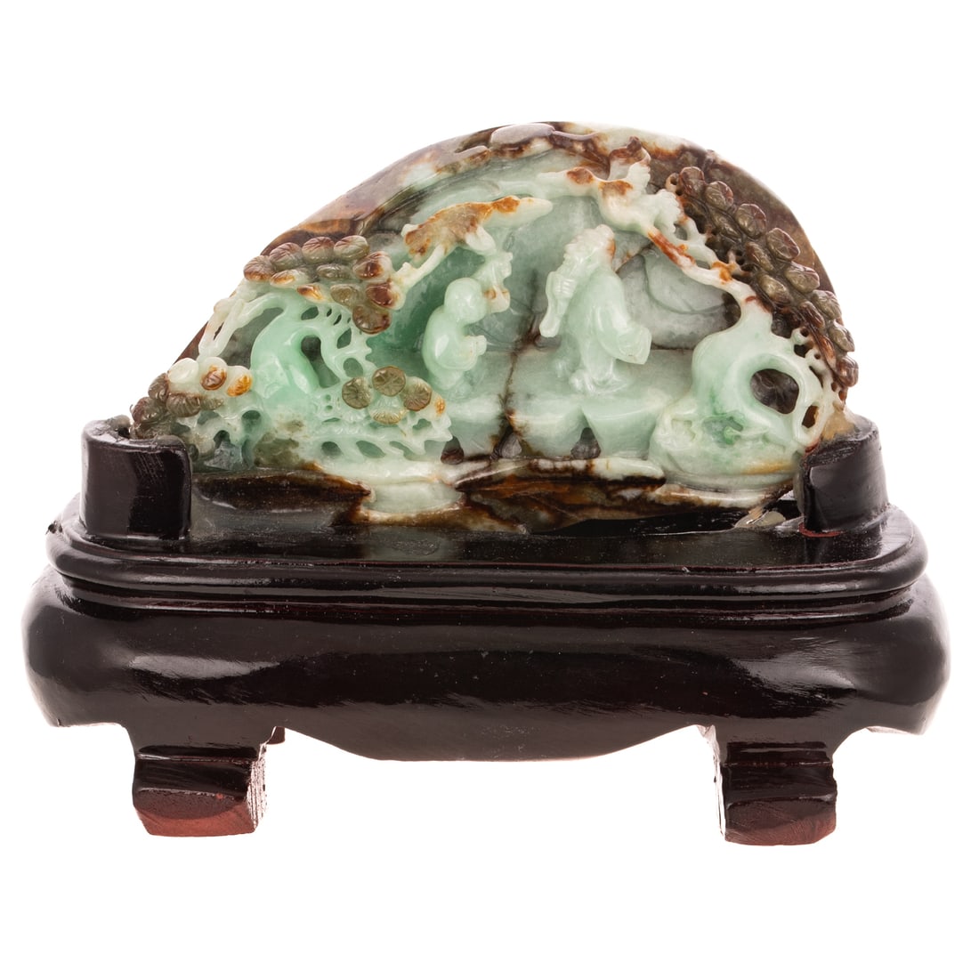 A Chinese Carved Jadeite Sculpture: (Burma/Mayanmar) A moss green and amber/red/brown jadeite sculpture depicting Shoulao (God of Longevity) and bald figure standing among lily pads and flying birds, natural jadeite (Untreated/AAA) on