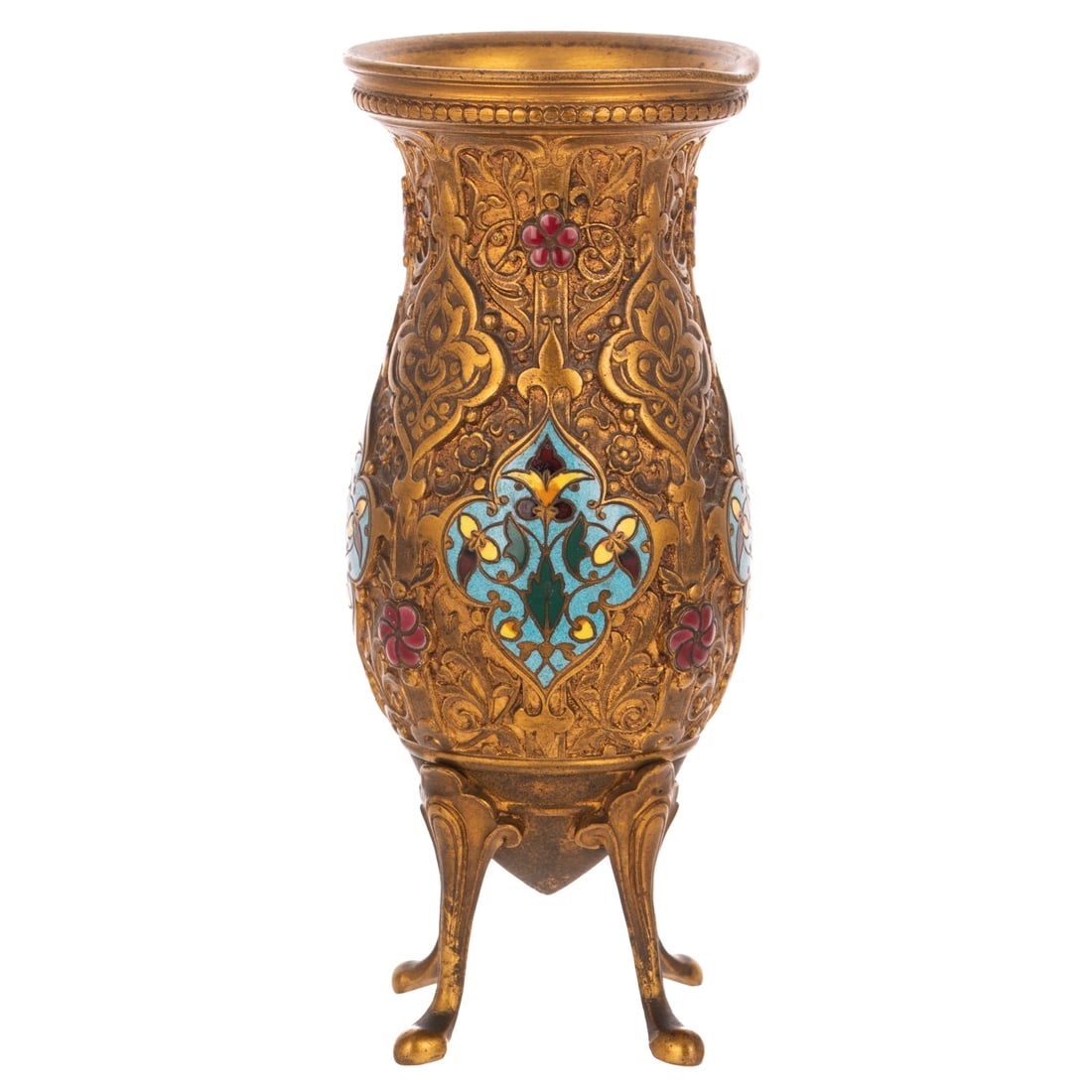 Ferdinand Barbedienne Gilt Bronze & Cloisonne Vase: 19th century, a gilt bronze and cloisonne Ferdinand Barbedienne footed vase with floral decoration, marked "F. Barbedienne" towards base, 6 in. H, 2 1/2 in. Diam.