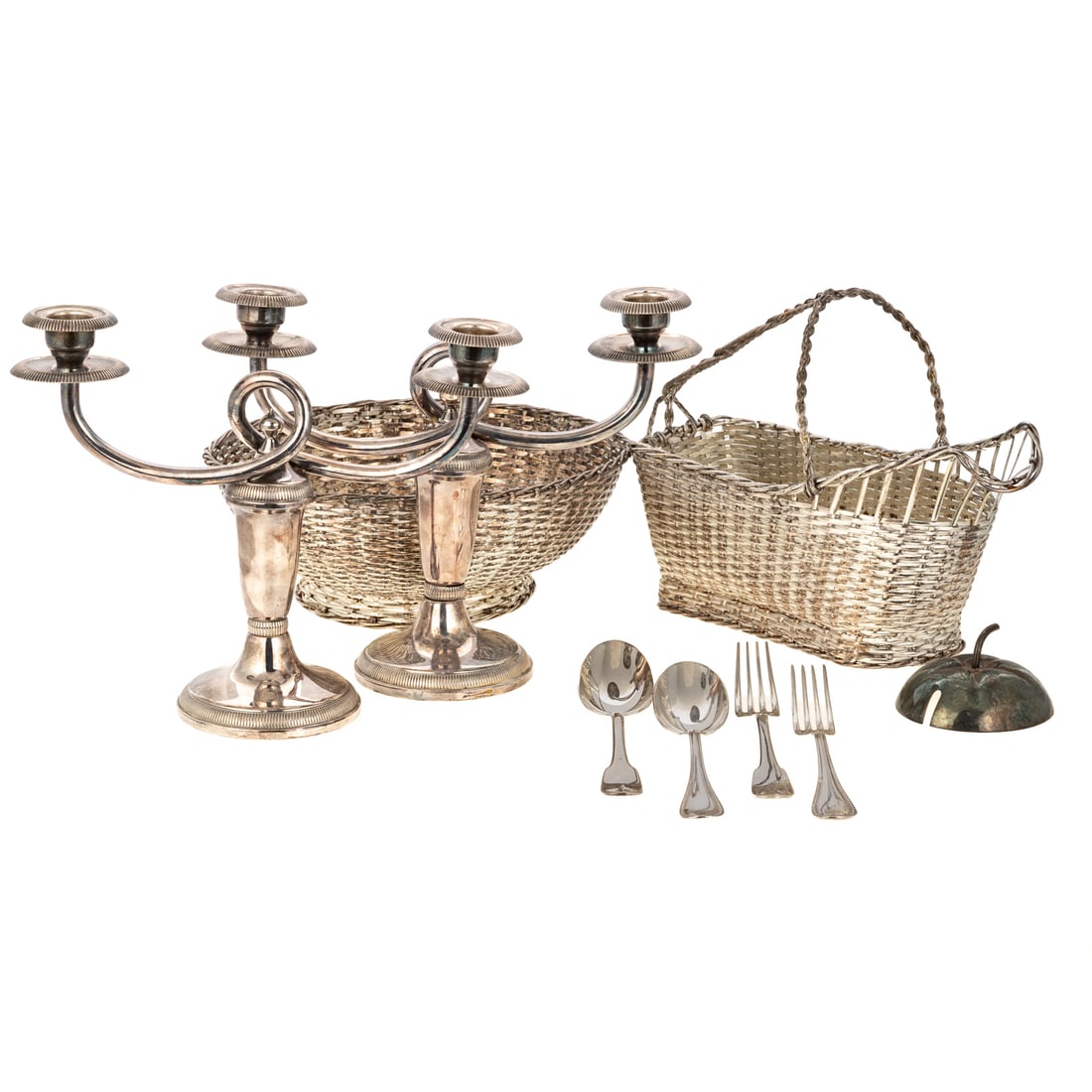 Nine Pieces of Christofle & Ravinet-Denfet Silver Plate: Includes a pair of Christofle silver plate candlesticks, both marked with chess knight and "Christofle France" "Coll-Gallia," 7 3/4 in. H, 9 3/4 in. W, 3 1/2 in. D; a Christofle silver plated wine bas