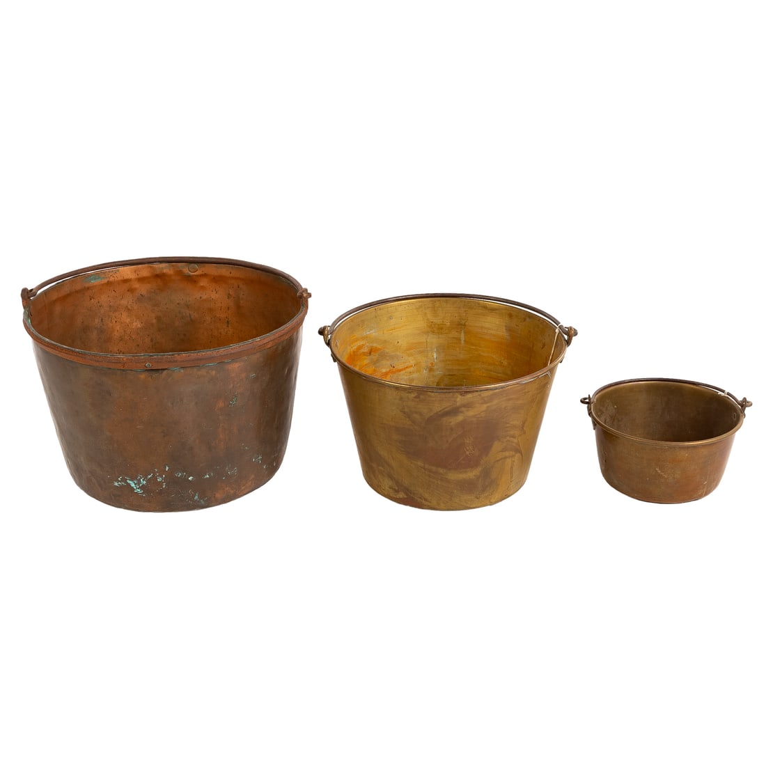 Three Assorted Copper & Brass Pots: Includes a H. W. Hayden brass and copper large pot, marked on bottom, 13 1/2 in. H, 20 1/2 in. Diam.; a large copper pot, unmarked, 17 in. H, approx. 23 in. Diam.; a copper pot, unmarked, 17 3/4 in.