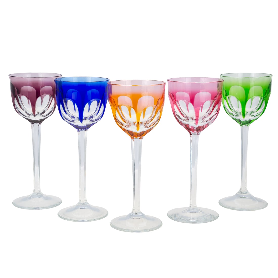 Moser "Lady Hamilton" Wine Glasses: A set of seven Moser "Lady Hamilton" pattern crystal wine glasses, marked "Moser" on bottom, 7 3/4 in. H, 3 in. Diam.