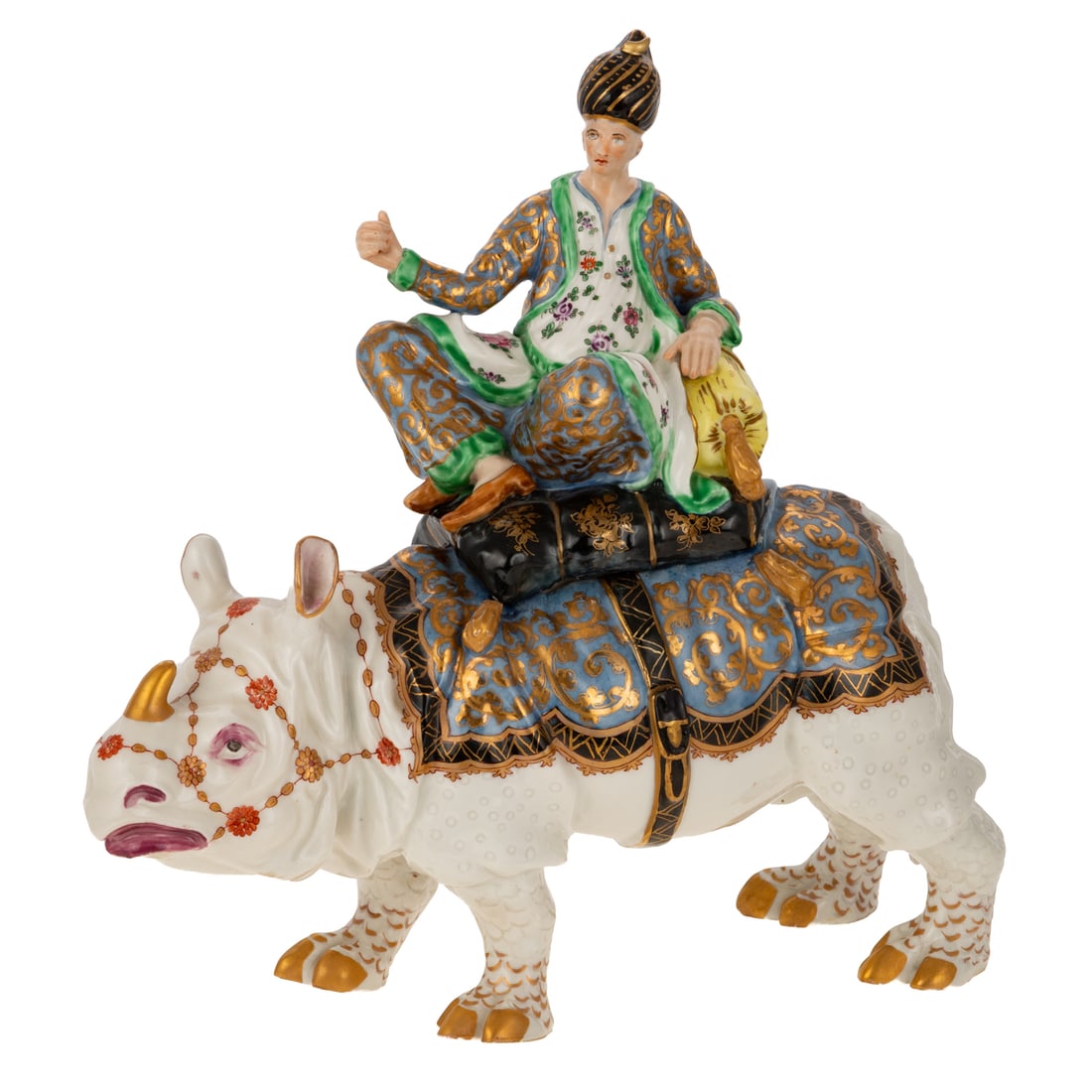 A Porcelain Figural Group "Turk on a Rhinoceros": (Possibly German, Early 19th century) After a 1752 Model by Johann Joachin Kandler (1706-1775) A porcelain lidded figural group depicting festively dressed Turkish man seated on a rhinoceros, one hand