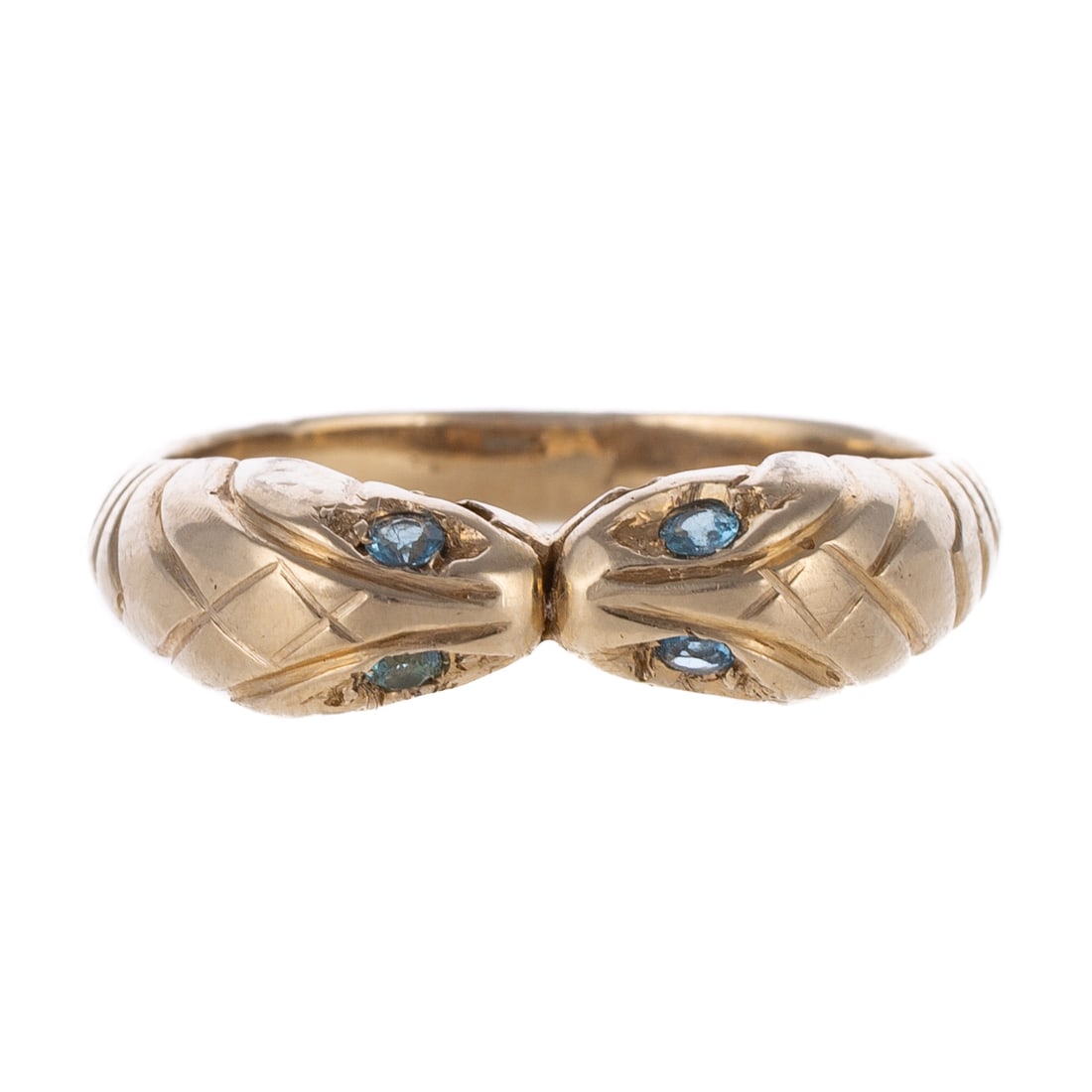 A Custom Made Double Snake Ring in 14K: 14K white gold custom made ring designed with double snake heads featuring aquamarine eyes, snake skin engraving covers most of band with high polish sizing area in the back, sz 10.5, 6.9 grams