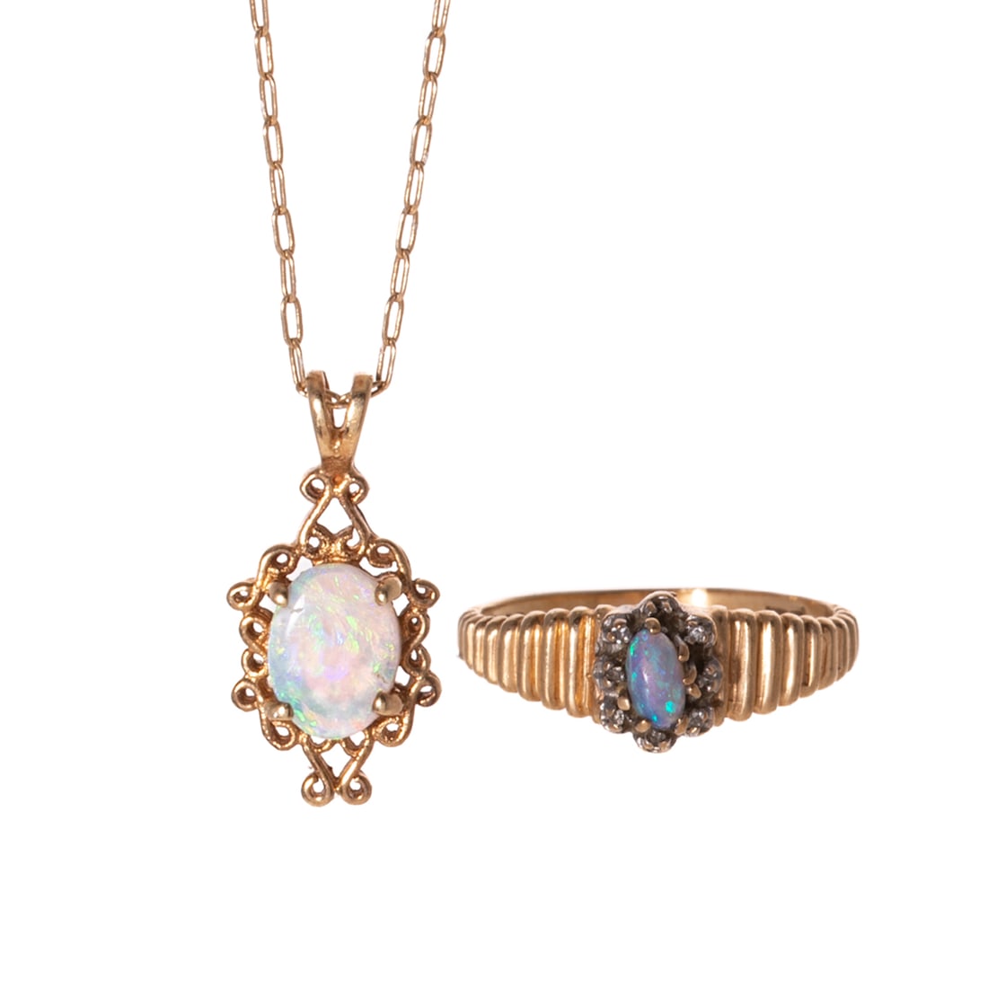 A Opal Pendant & Chain with Opal Ring in Gold: 1) 14K yellow gold pendant featuring an oval opal in scroll frame hanging on 14K yellow gold twist chain with spring ring clasp, 17 in. L, and 2) 10K yellow gold ring featuring an oval opal with diamo