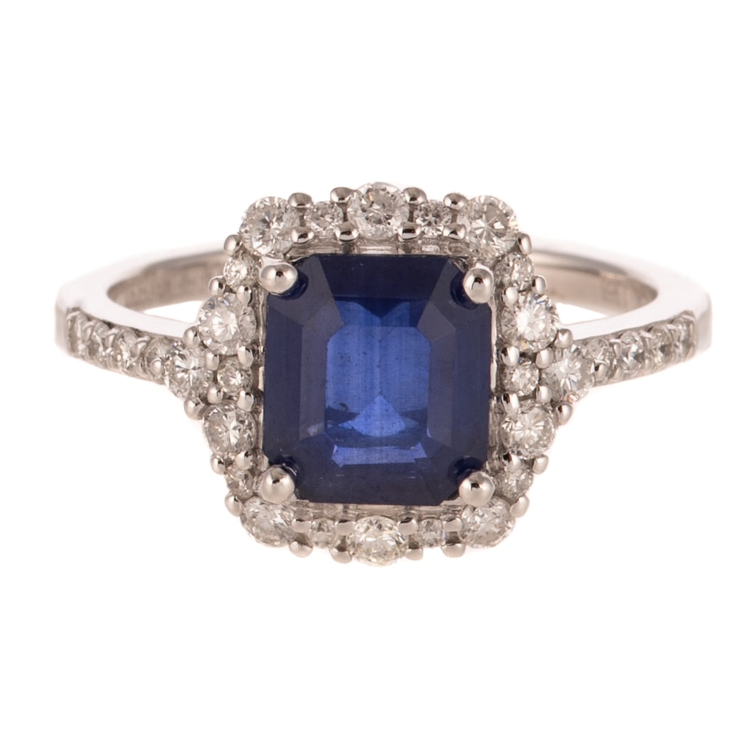 A GIA 1.95 ct Sapphire & Diamond Ring in Platinum: Platinum ring by Oscar Friedman featuring an emerald cut sapphire weighing 1.95 carats, accompanied by GIA Gemological Report #2235598190, prong set in a frame of round diamonds with additional diamon