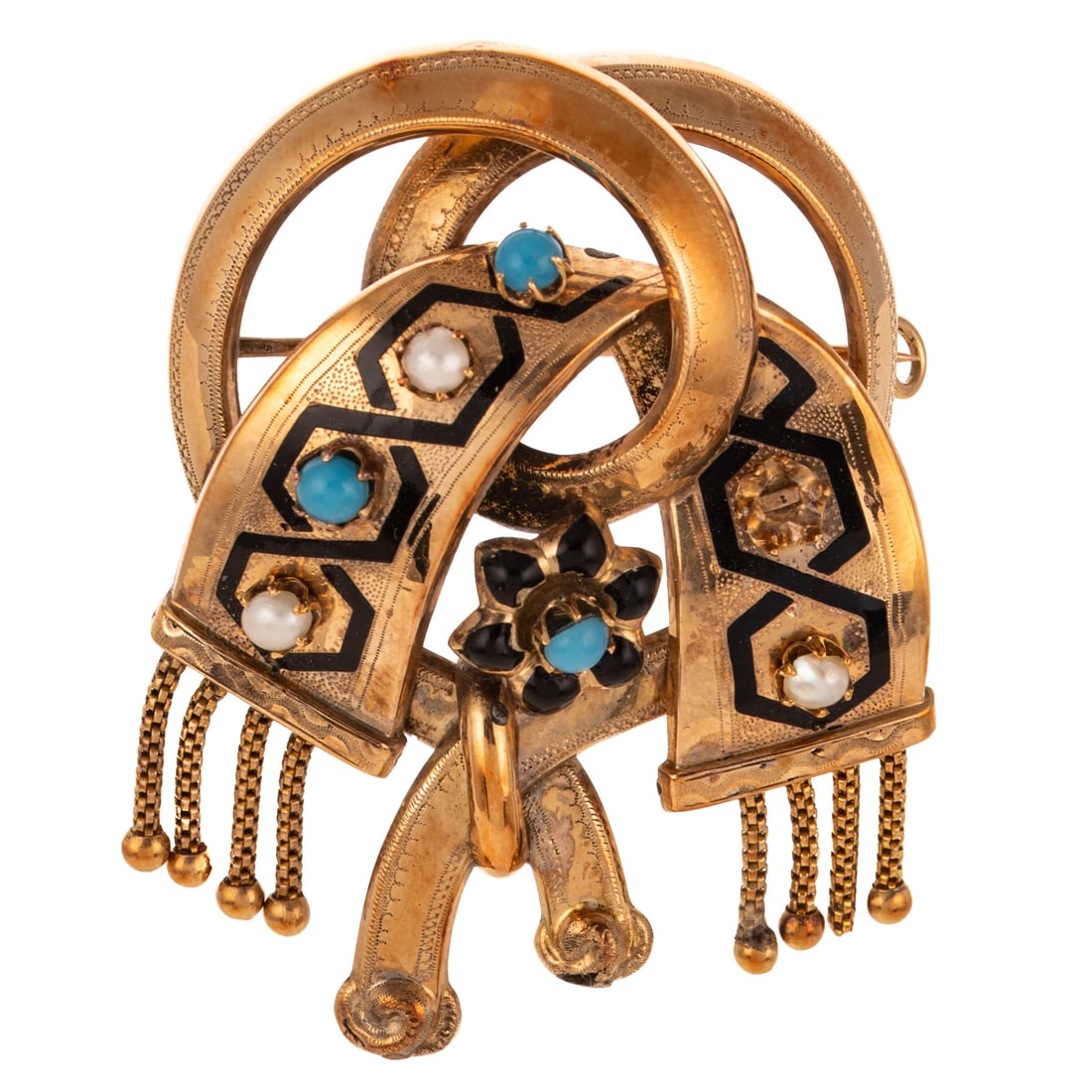 A Victorian Enamel, Pearl & Turquoise Brooch in 14K: c.1880s, 14K yellow gold ribbon brooch featuring black enamel geometric pattern with alternating turquoise, black onyx and pearl beads, each side has tassel chain dangles, antique C clasp, 2 in. L,