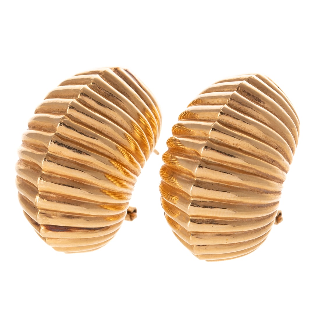 A Pair of Large Ridged Half Hoops in 14K: c.1980s, 14K yellow gold domed half hoop earrings with deep three dimensional ridged design, posts with Omega backs, 1 1/8 in. L, 11.7 grams Provenance: From the Estate of Mary "Mea" Taylor Zick, Balt