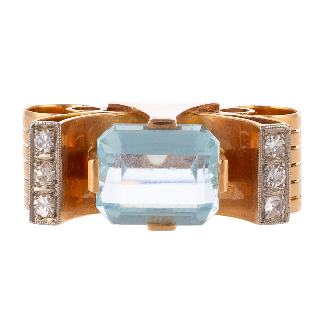 A Retro Aquamarine & Diamond Ring in 14K: c.1940s, 14K yellow gold ring featuring an emerald cut aquamarine weighing approx. 4.75 carats set horizontally with bead set diamonds set on either side with a bold scroll and ridged design, sz 7, 10