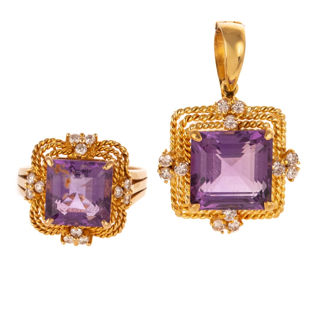 An Amethyst & Diamond Ring & Pendant Set in 18K: 18K yellow gold matched ring and pendant set featuring square step cut amethyst measuring 9.75 mm Sq. set in triple row rope twist frame with diamonds weighing approx. 0.50 ctw, pendant has hinged bai