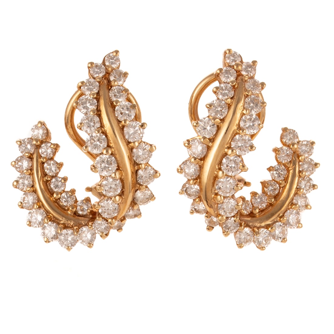 A Pair of Diamond Flame Earrings in 14K: c.1960s, 14K yellow gold earrings of stylized flame design with graduated diamonds in double row approx. 1.50 ctw with an average color grade of H - I and an average clarity grade of VS, posts with Om