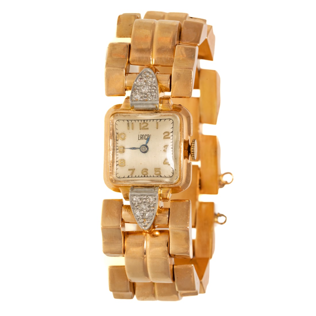 A Retro Lanco Diamond Dress Watch in 14K: 14K yellow gold dress watch by Lanco with square dial and Arabic numerals, with pave set diamonds at 12 and 6 o'clock, high polish concave and convex links, fold over hidden clasp with safety chain, m
