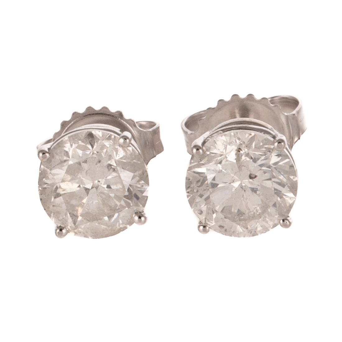 A Pair of 3.00 ctw Diamond Studs in 14K: 14K white gold solitaire stud earrings featuring round diamonds weighing approx. 3.00 ctw with an average color grade G - H and an average clarity grade of I prong set in a basket setting, posts with 
