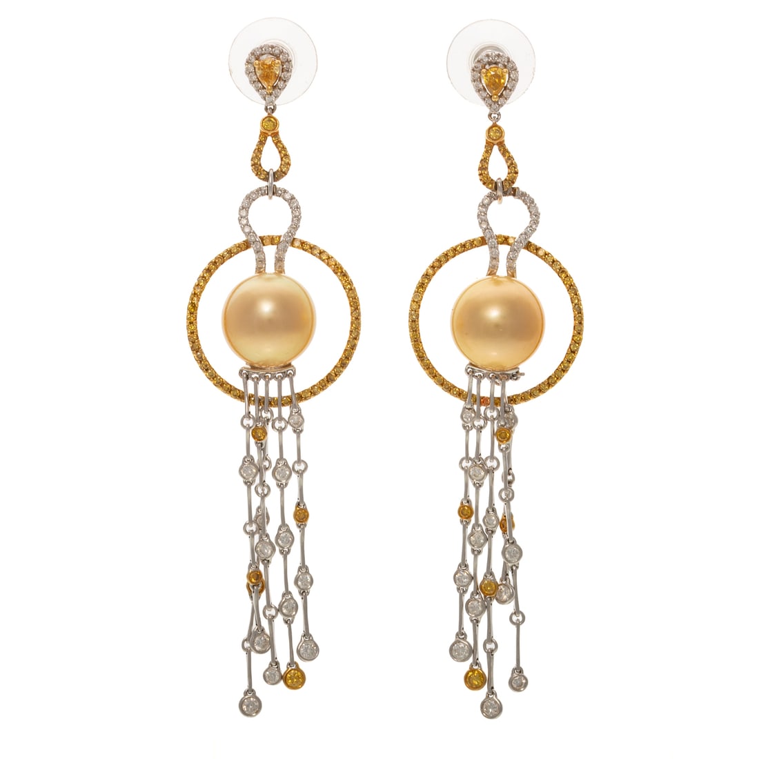A Pair of South Sea Pearl & Diamond Earrings in 18K: 18K yellow and white gold cascading dangle earrings featuring golden South Sea pearls measuring 12 mm set in center of open link design featuring yellow and white bead set diamonds, five dangling chai