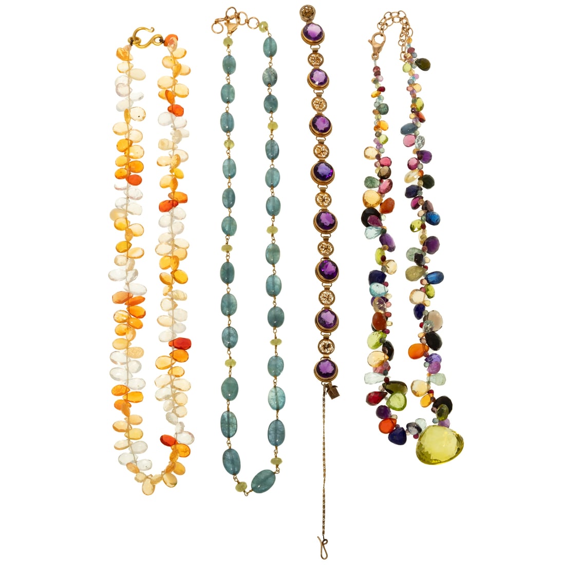 A Collection of Multi-Gemstone Jewelry in Gold: 1) 18K yellow gold hardstone bead necklace featuring oblong blue-grey hardstone beads with faceted green bead stations, strung with gilt wire, lobster clasp, wearable from 17 1/2 to 18 1/2 in. L, 2) 1