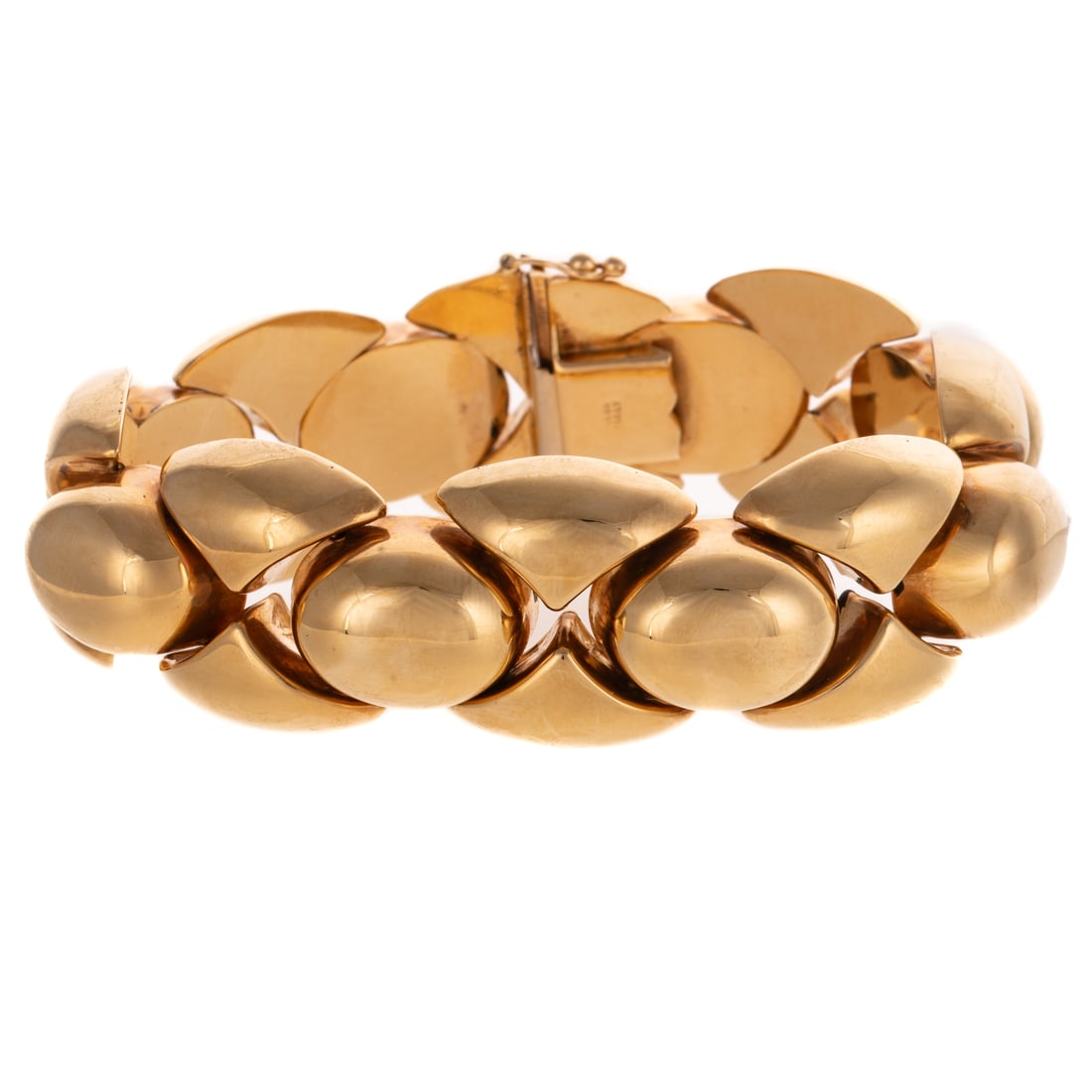 A 1980's Bubble Link Bracelet in 14K: 14K yellow gold wide high polish bubble link bracelet made in Italy, box clasp with double safety latch, 6 7/8 in. L, 49.7 grams Provenance: From the private collection of a prominent Pikesville, MD b