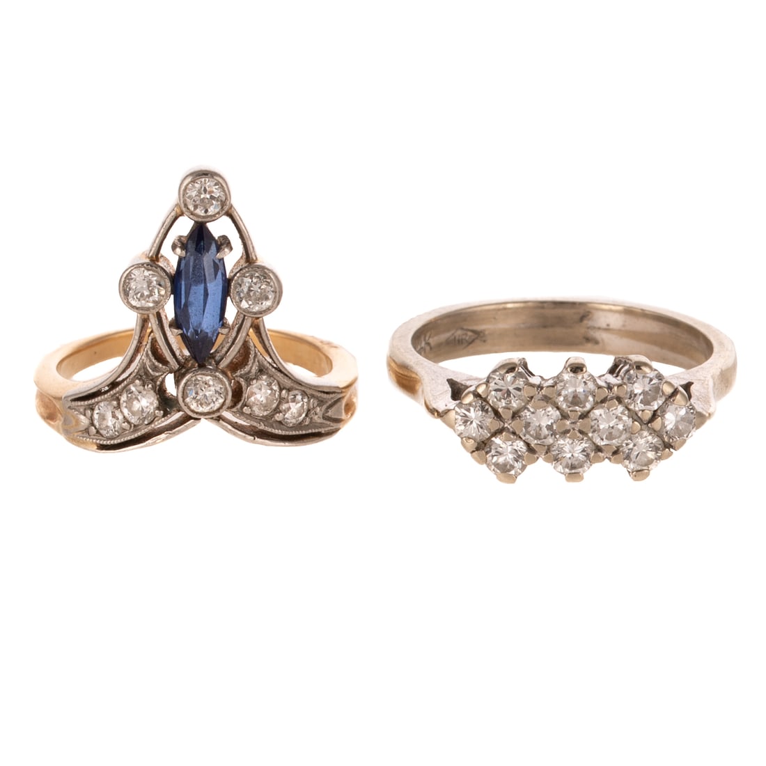 A Diamond Band & Diamond & Sapphire Ring in 14K: 1) 14K white gold band featuring three rows of shared prong diamonds weighing approx. 0.50 ctw with an average color grade of G - H and an average clarity grade of SI, sz 5.75, and 2) 14K white and ye