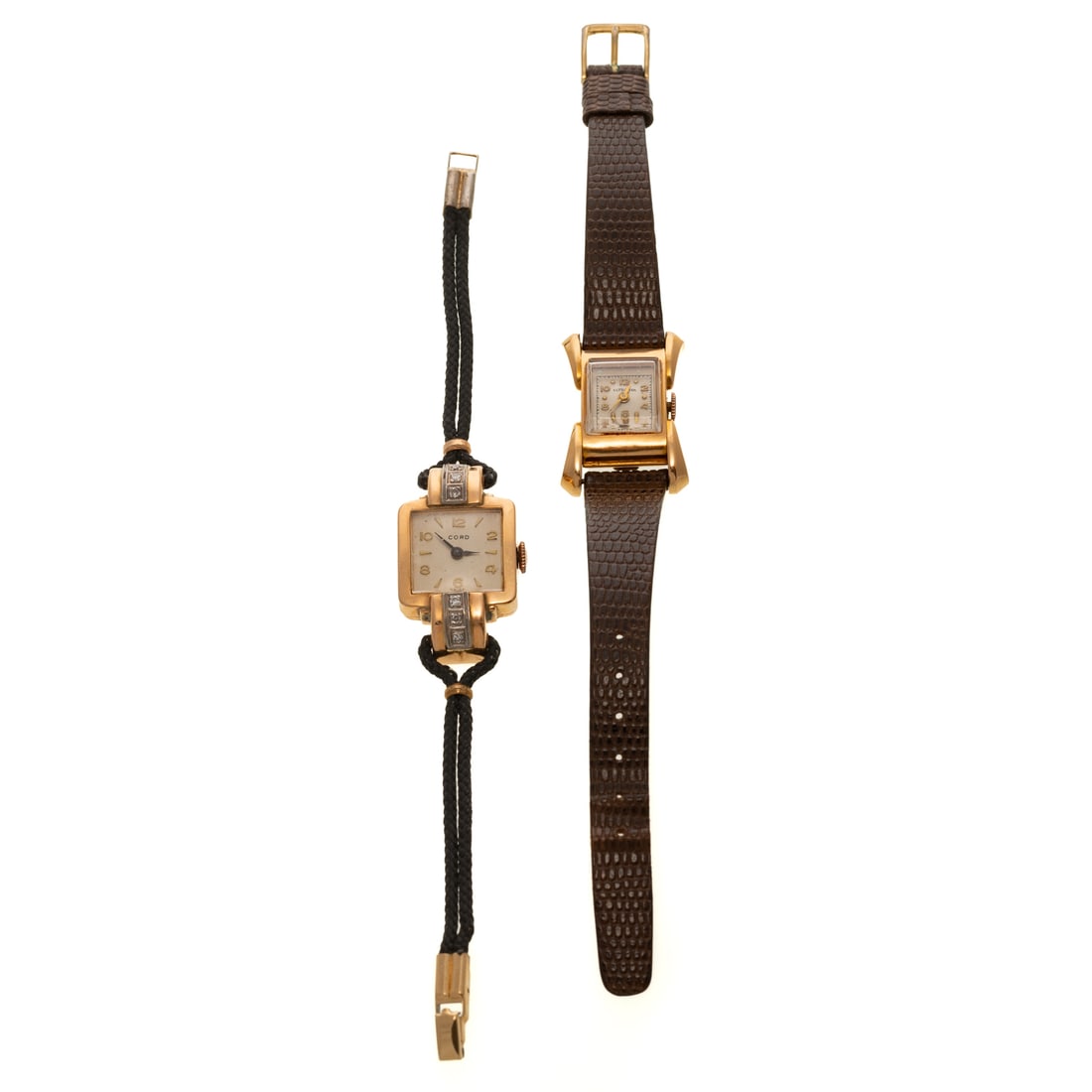 Two Ladies Retro Wrist Watches with Straps in 18K: 1) 18K yellow gold wrist watch by Cord, square dial with Arabic numerals, diamonds bead set in buckle design at 12 and 6 o'clock, mechanical movement, watch #645482, double cord strap with gold plated