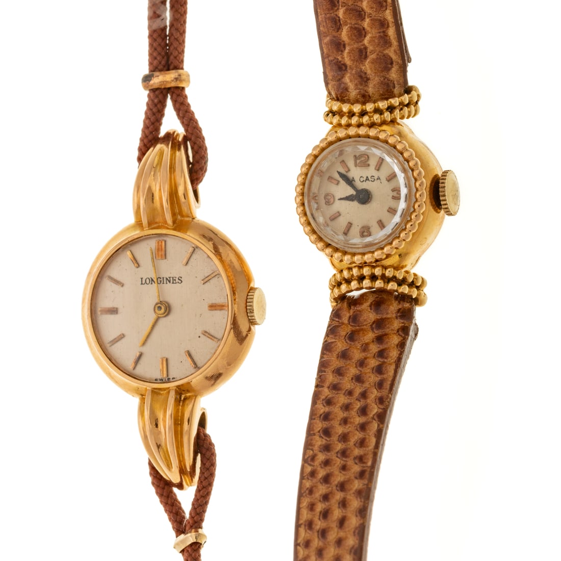 Two Longines & La Casa Watches in 18K: 1) 18K yellow gold wrist watch by Longines, round dial with Roman numerals, 17 jewel mechanical movement #10154626, brown double cord strap with gold plated clasp, 6 1/2 in. L, and 2) 18K yellow gold 
