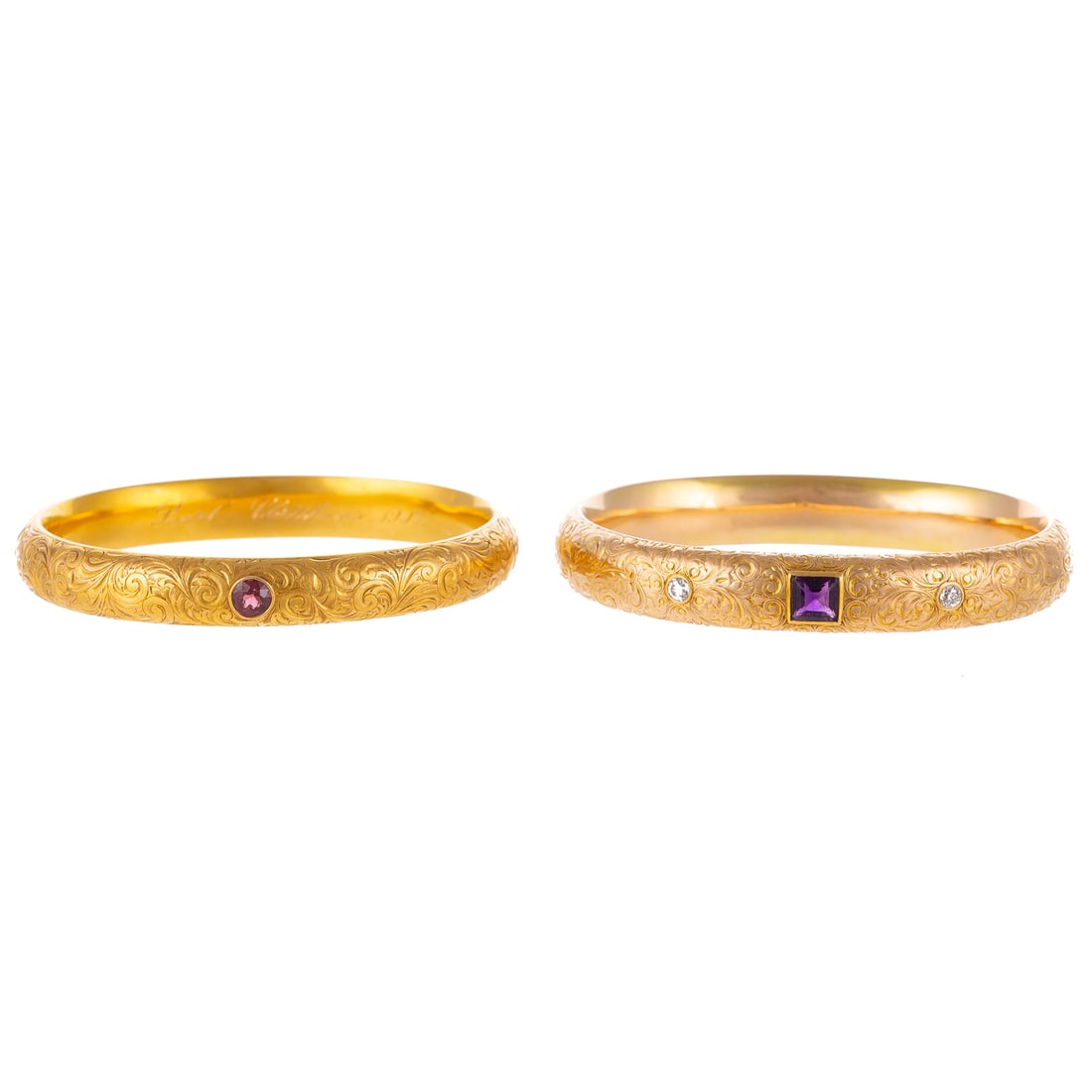 Two Art Nouveau Scroll Engraved Bangles in 14K: 1) c.1890s, 14K yellow gold bangle by Riker Brothers, New York, featuring a bezel set square faceted amethyst and two Old European cut diamonds weighing approx. 0.30 ctw, very fine scroll engraving