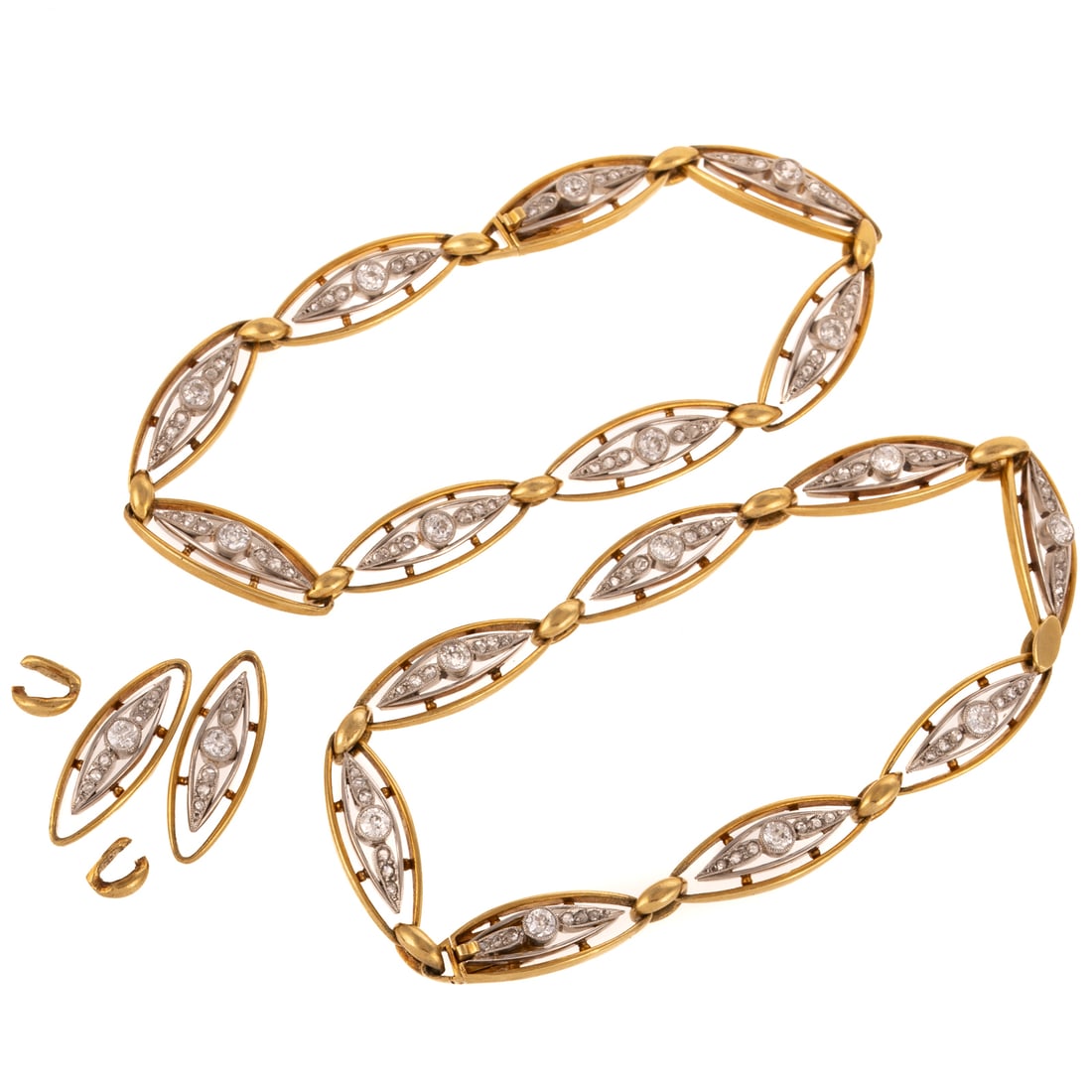 Two Matching Art Nouveau Diamond Bracelets in 18K: c.1890s, 18K yellow gold matching link bracelets designed with navette shape links with Old European cut diamonds weighing approx. 2.00 ctw, box clasps, each bracelet engraved with #50634, 50634, 7 1/