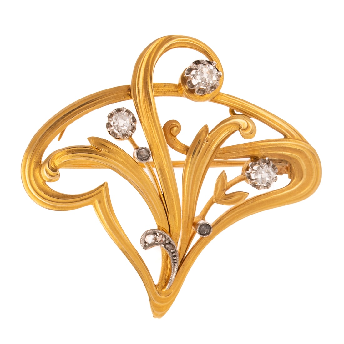 An Art Nouveau Diamond Floral Brooch in 14K: c.1890s, 14K yellow gold brooch with floral motif featuring diamonds weighing approx. 0.30 ctw, two hooks on back for chain attachment, 1 5/8 in. W, 9.6 grams Provenance: From the estate of a private